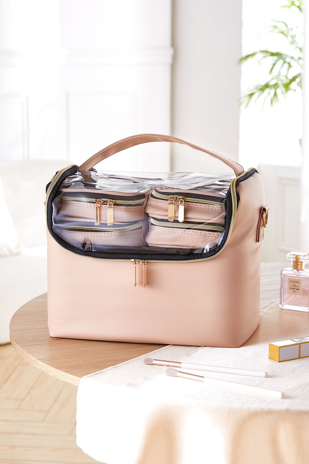 SHEONLY Pink Portable Makeup Train Case with 4 Clear Bags and Adjustable Dividers image 2