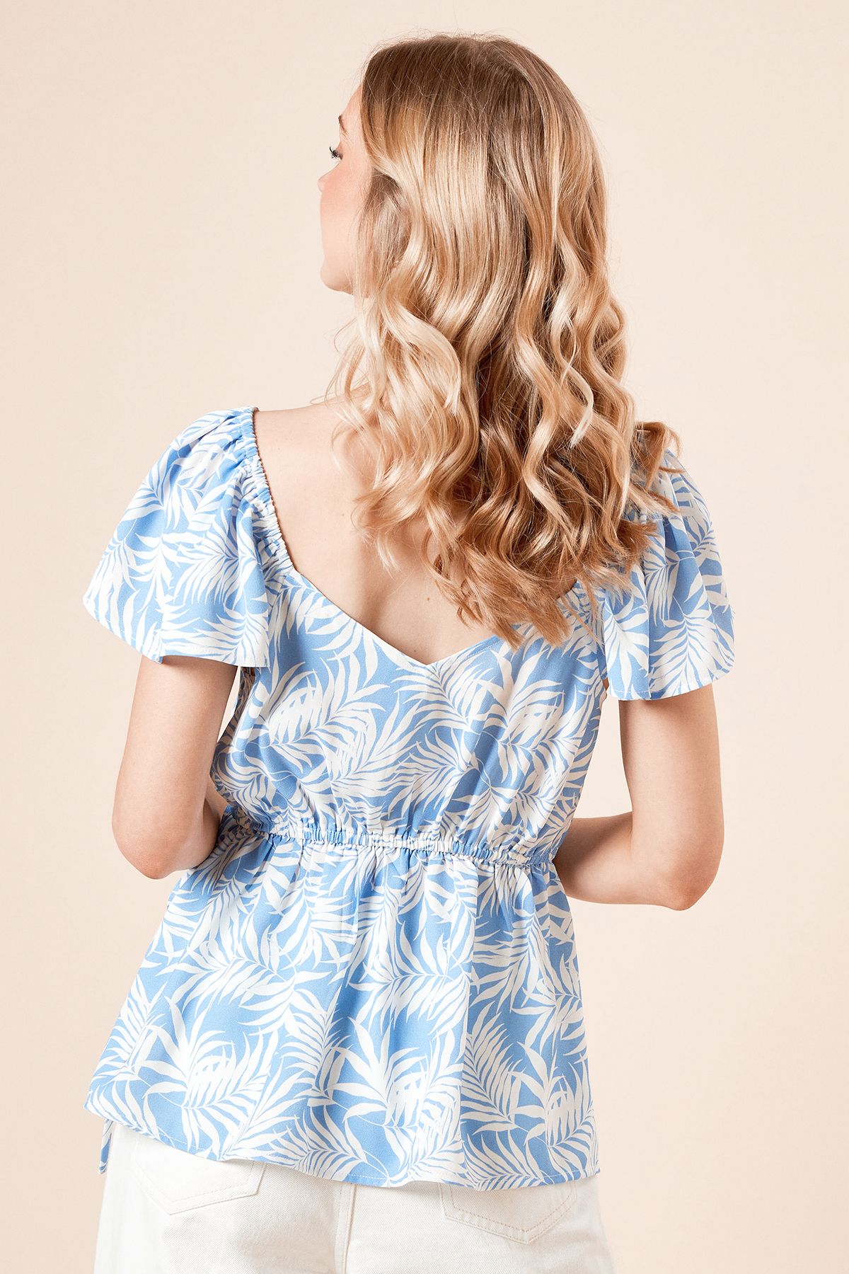 Dorothy Perkins Palm Wrap Front Frill Sleeve blouse Blue image 3