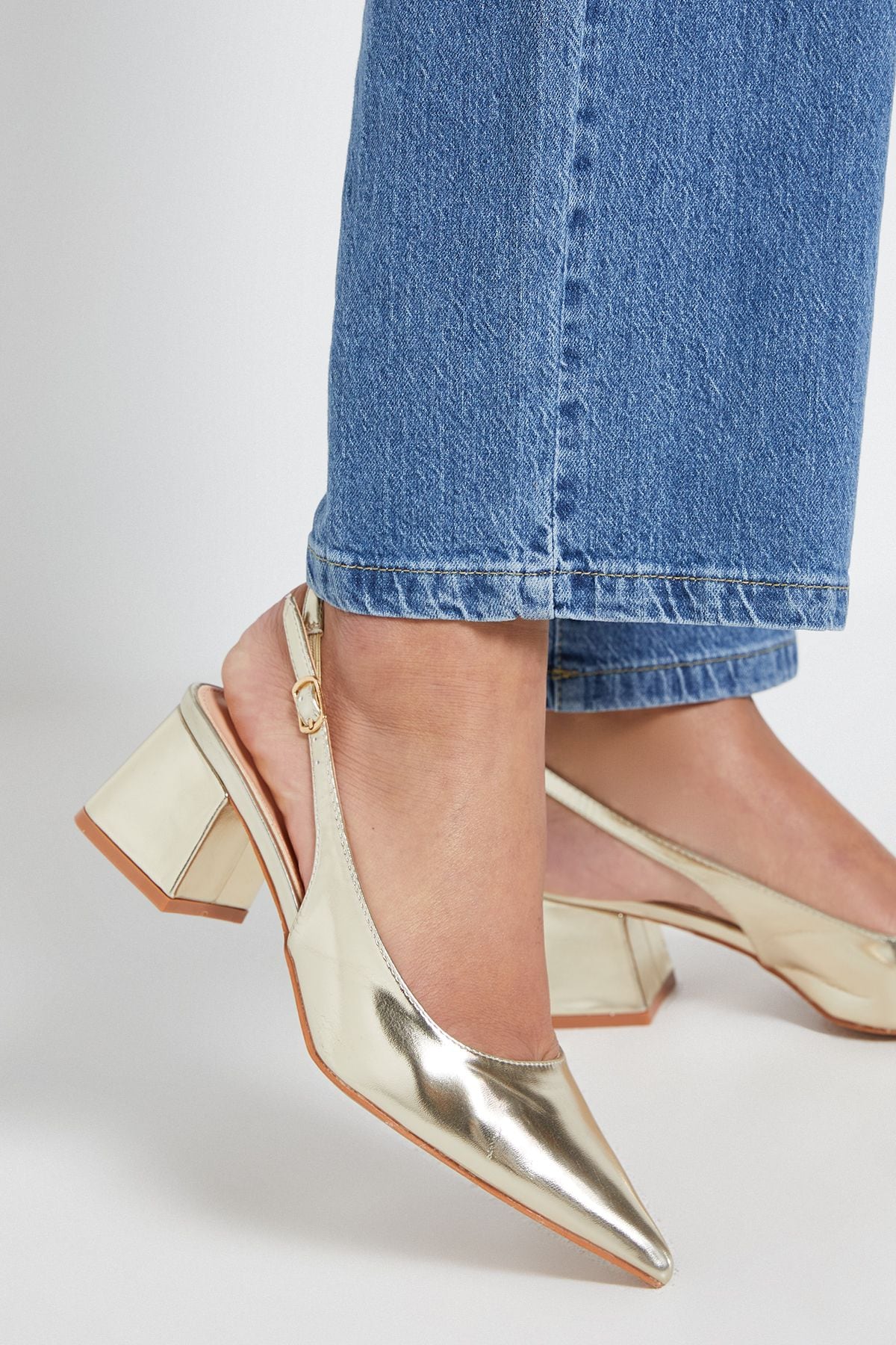 Dorothy Perkins Patricia Faux Leather Slingback Medium Block Heel Court Shoes Gold image 4