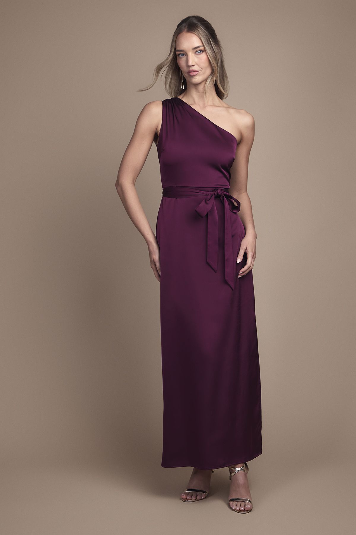 Oasis Oasis by Coast One Shoulder Satin Maxi Bridesmaid Dress Grape