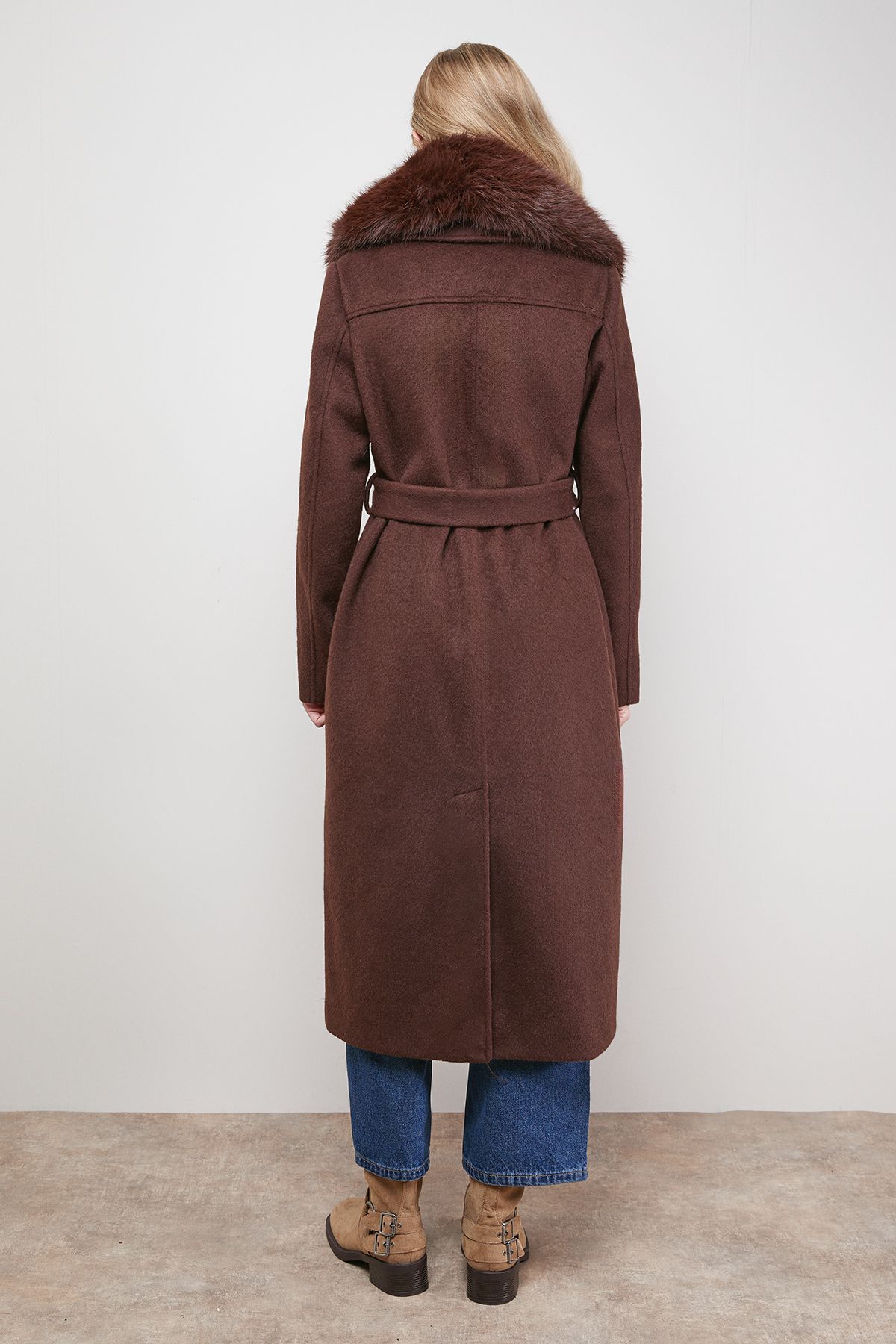 Oasis Buckle Detail Faux Fur Collar Belted Coat Chocolate image 3