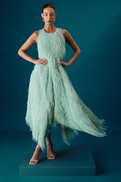 Coast Coast Muse Fringe Halter Neck Tie Back Midi Dress Sage