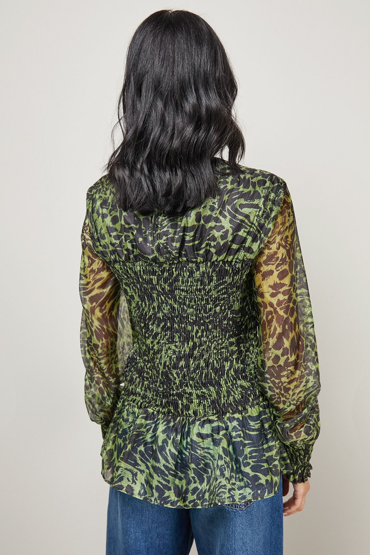 Warehouse Animal Organza Shirring Blouson Sleeve Shirt Lime image 3