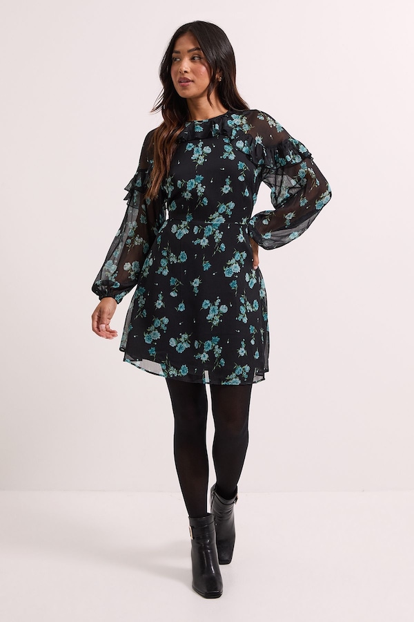 Dorothy Perkins Petite Green Floral Frill Detail Blouson Sleeve Mini Dress Green