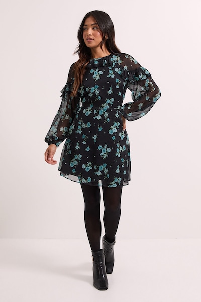 Dorothy Perkins Petite Green Floral Frill Detail Blouson Sleeve Mini Dress Green