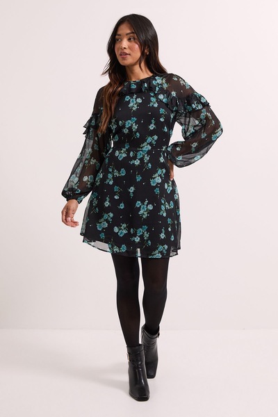 Dorothy Perkins Petite Green Floral Frill Detail Blouson Sleeve Mini Dress Green