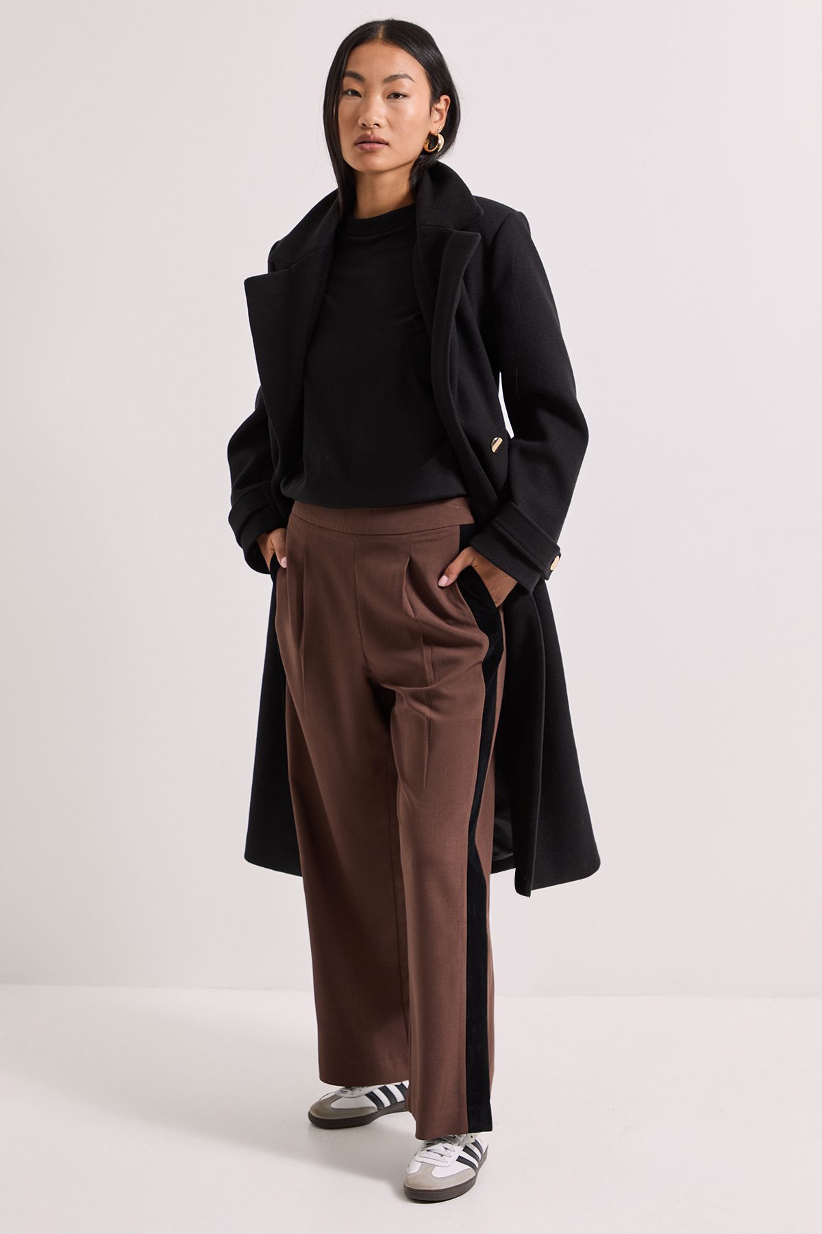 Dorothy Perkins Petite Stripe Detail Belted Straight Leg Trouser Chocolate image 1