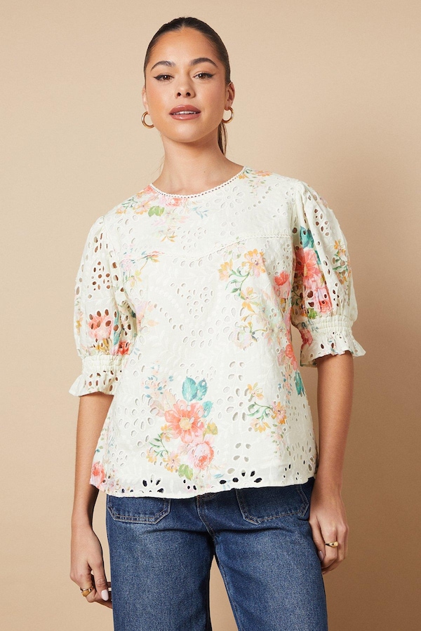 Oasis Floral Broderie Detail Blouse Ivory