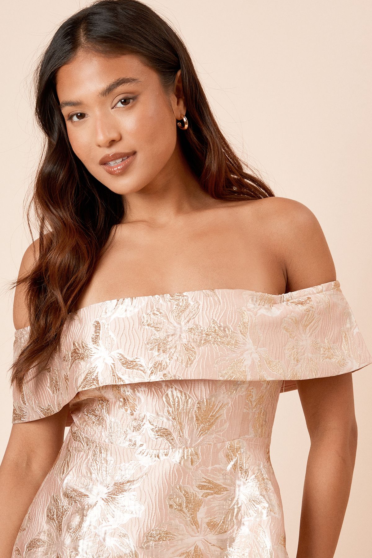 Dorothy Perkins Petite DP Luxe Jacquard Fold Over Bardot Mini Dress Floral image 5