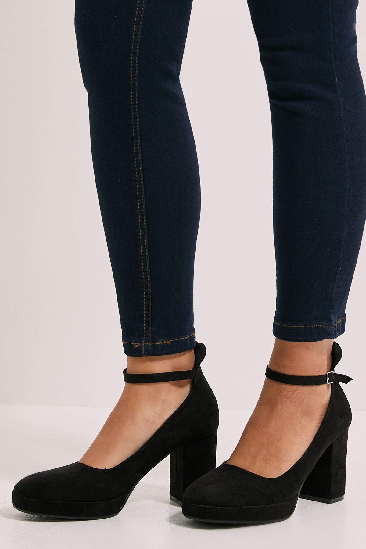 Dorothy Perkins Vanessa Faux Suede Platform Ankle Strap High Block Heel Court Shoes Natural Black image 2