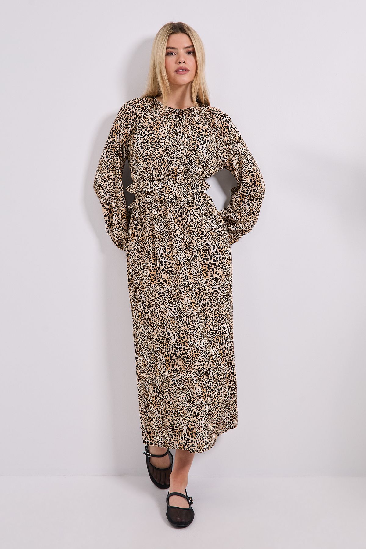 Dorothy Perkins Animal Frill Waist Detail Blouson Sleeve Midi Dress Animal image 1