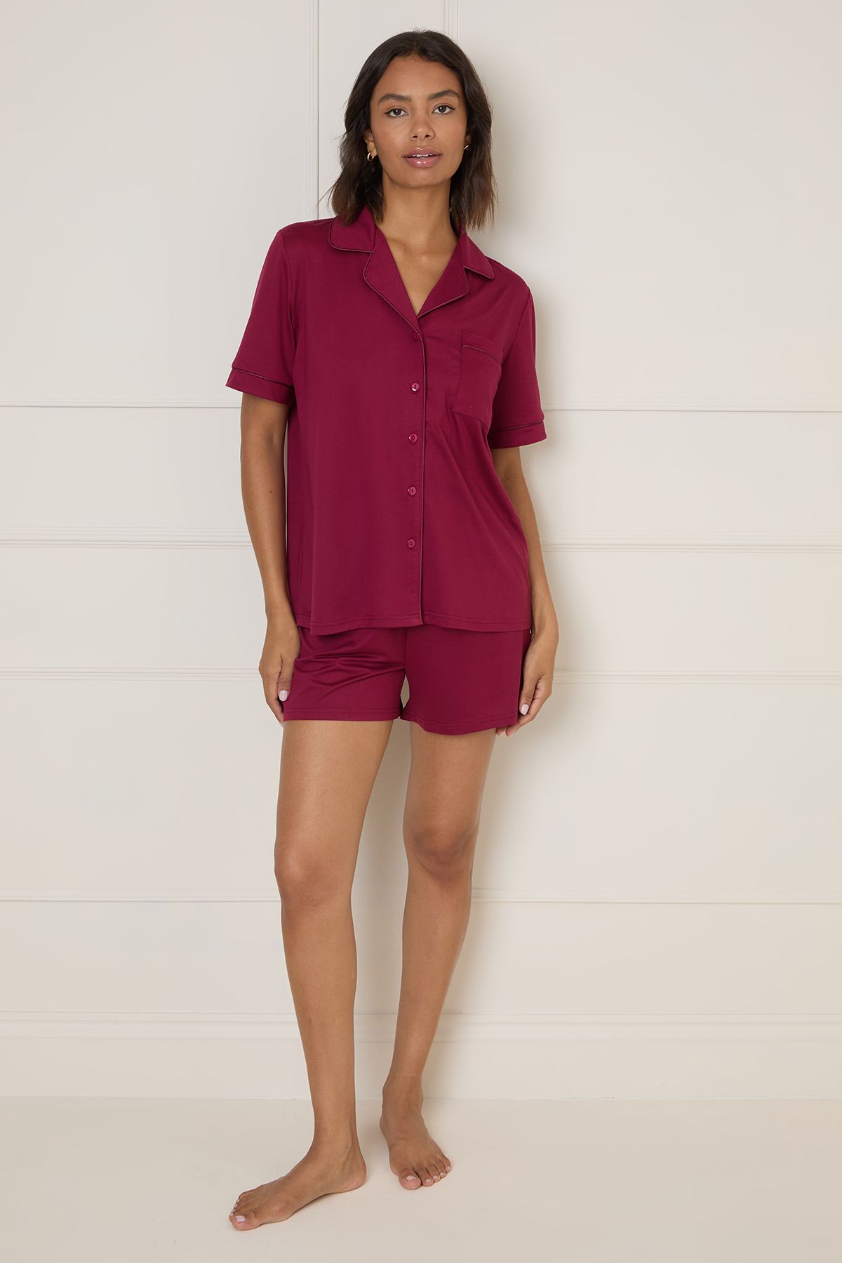 Dorothy Perkins Nightwear Tipped Short Sleeve Pyjama Set Burgundy image 2