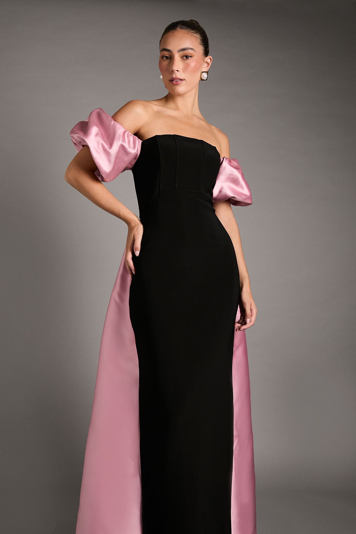 Coast Bardot Puff Sleeve Strapless Maxi Dress with Full Skirt Back Detail Mono image 2