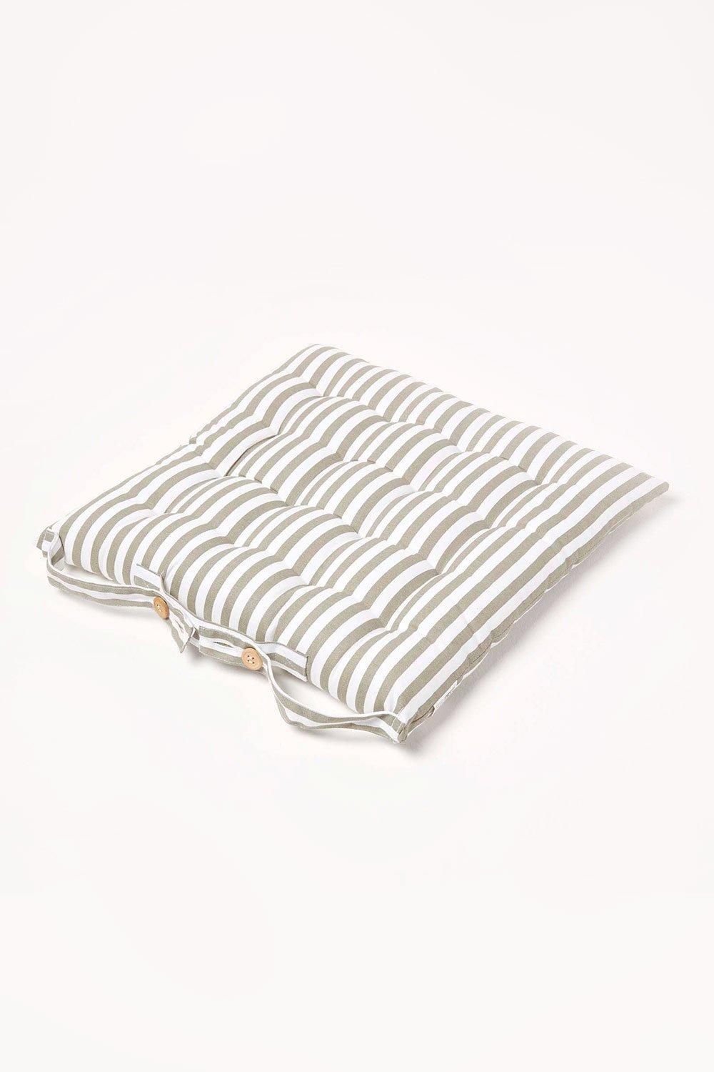 Homescapes Grey Stripe Seat Pad with Button Straps 100% Cotton image 2