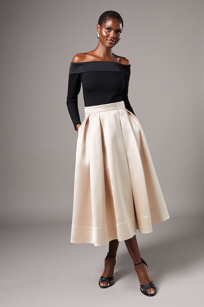 Coast Twill Pleat Midi Skirt Champagne