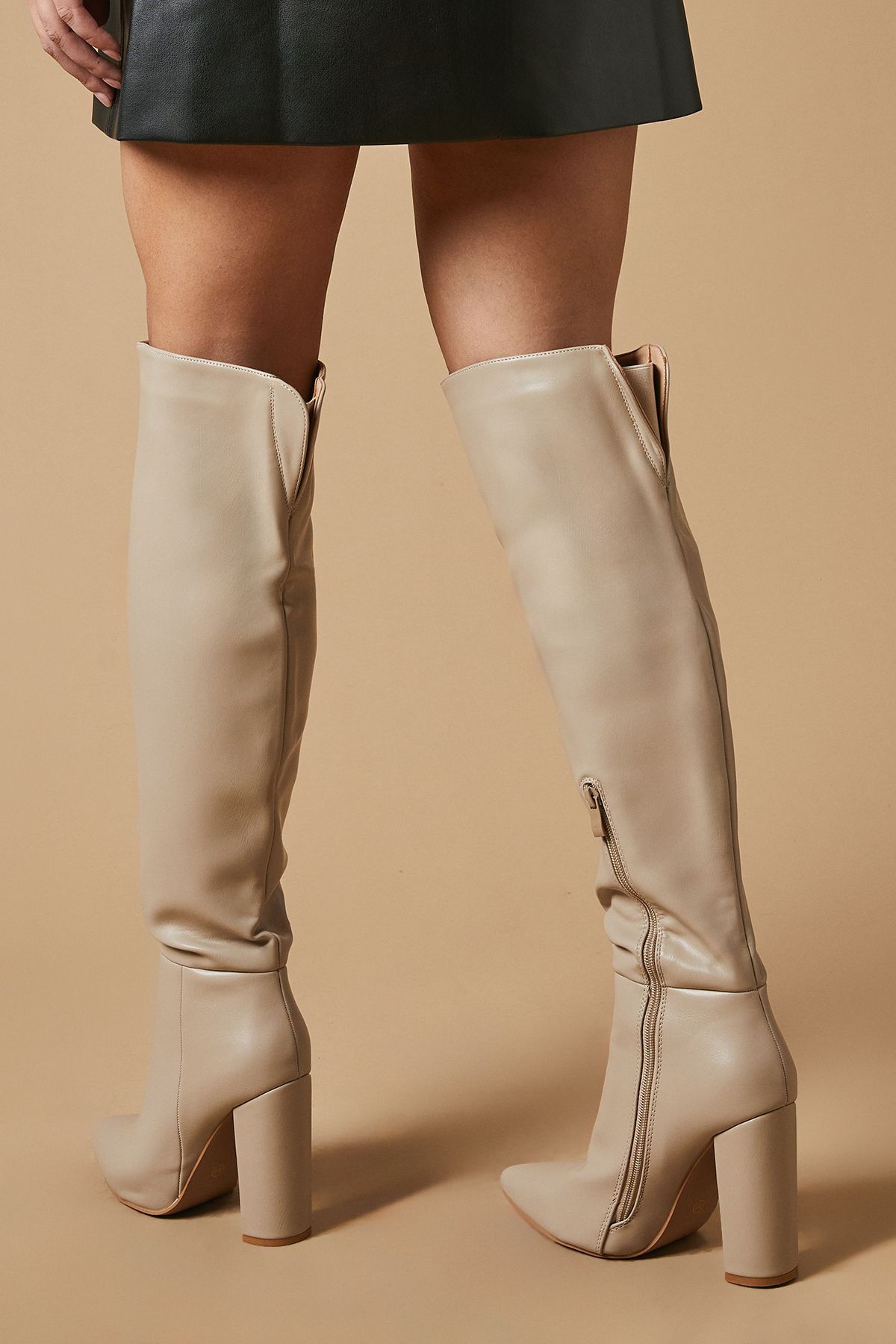 Oasis Kandi Faux Leather High Block Heel Pointed Over The Knee Boot Taupe image 3