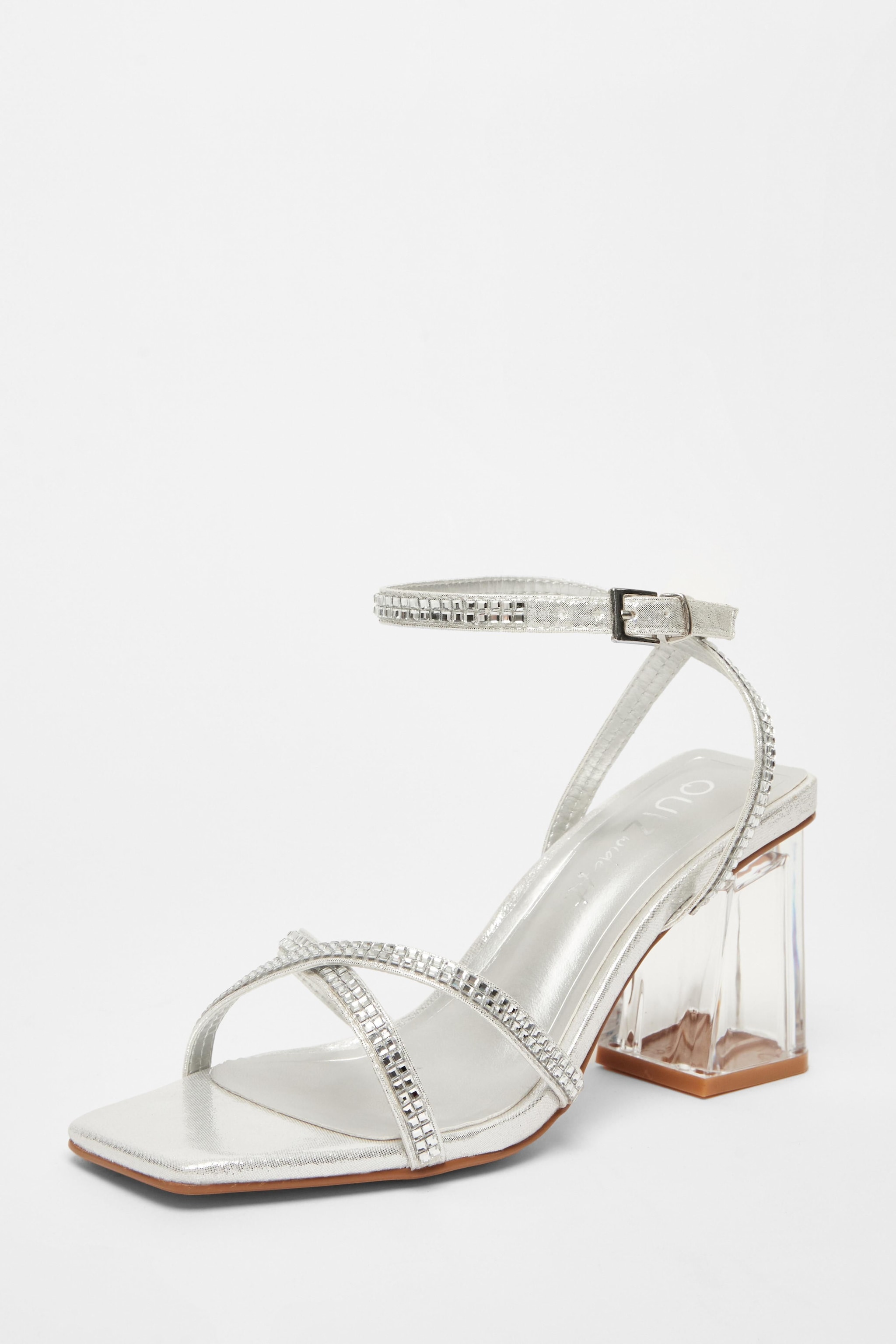Quiz Silver Wide Fit Diamante Heels image 1