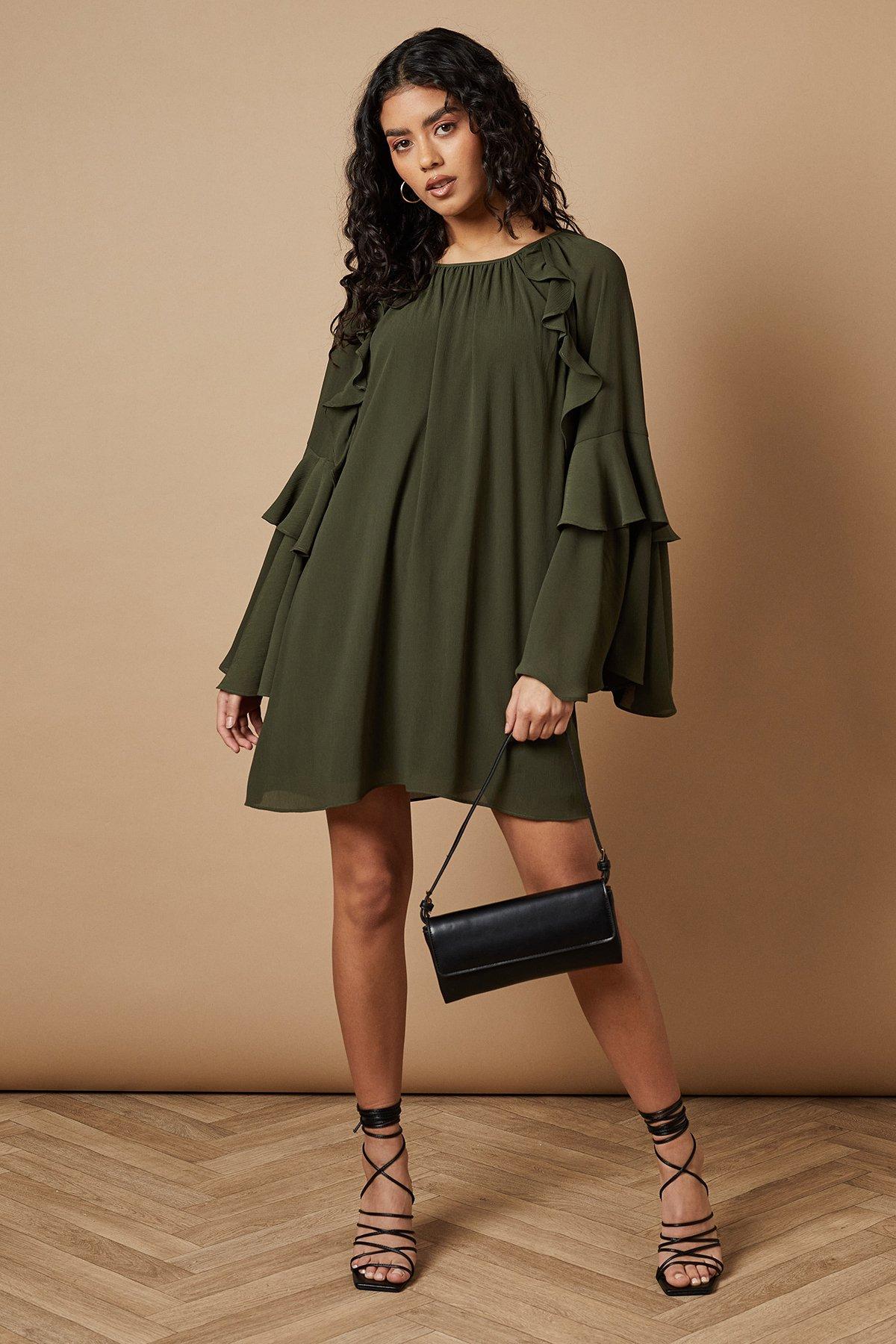 Oasis Petite Chiffon Ruffle Sleeve Mini Dress Khaki image 2