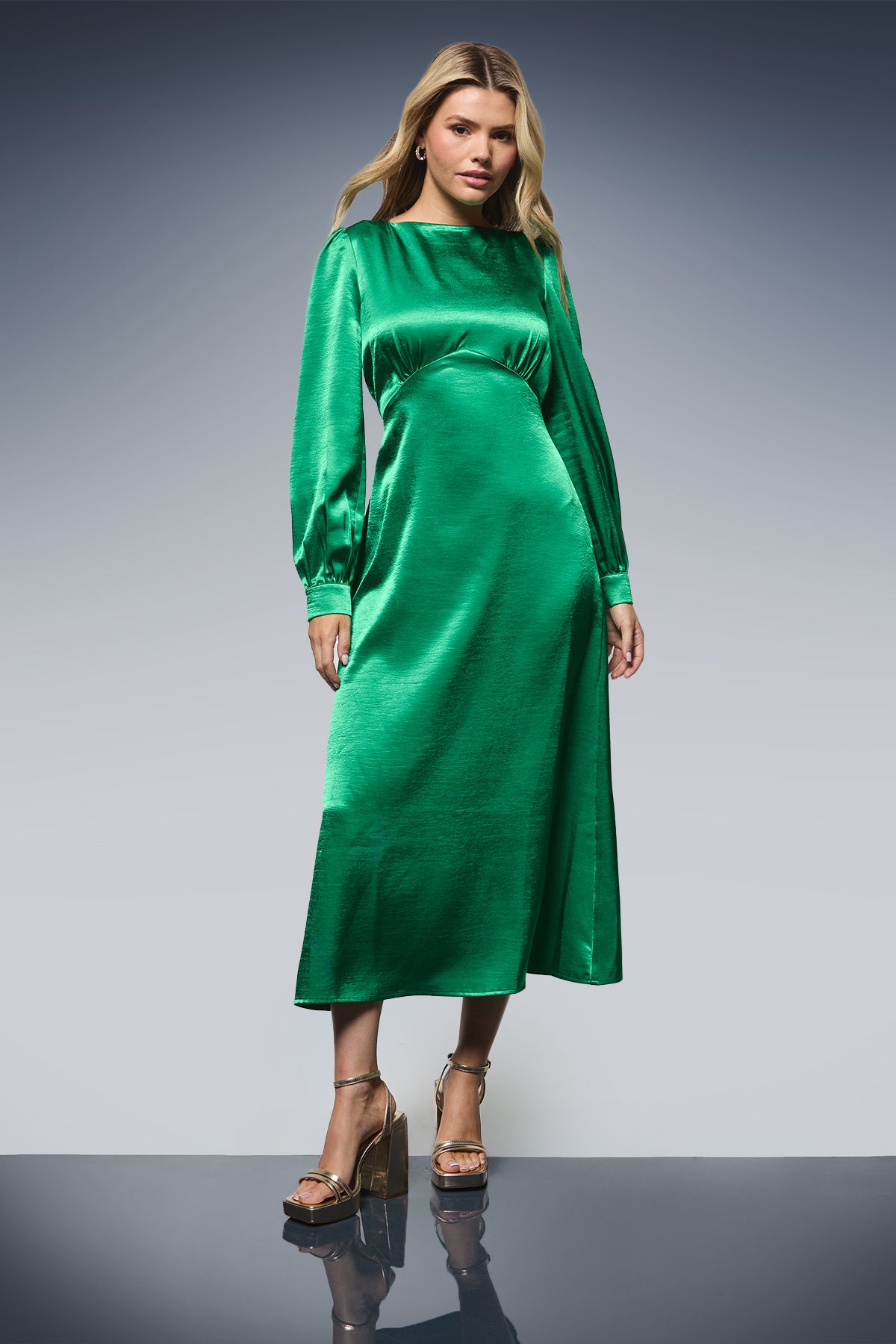 Dorothy Perkins DP Luxe Blouson Empire Sleeve Seam Detail Midi Dress Green image 1