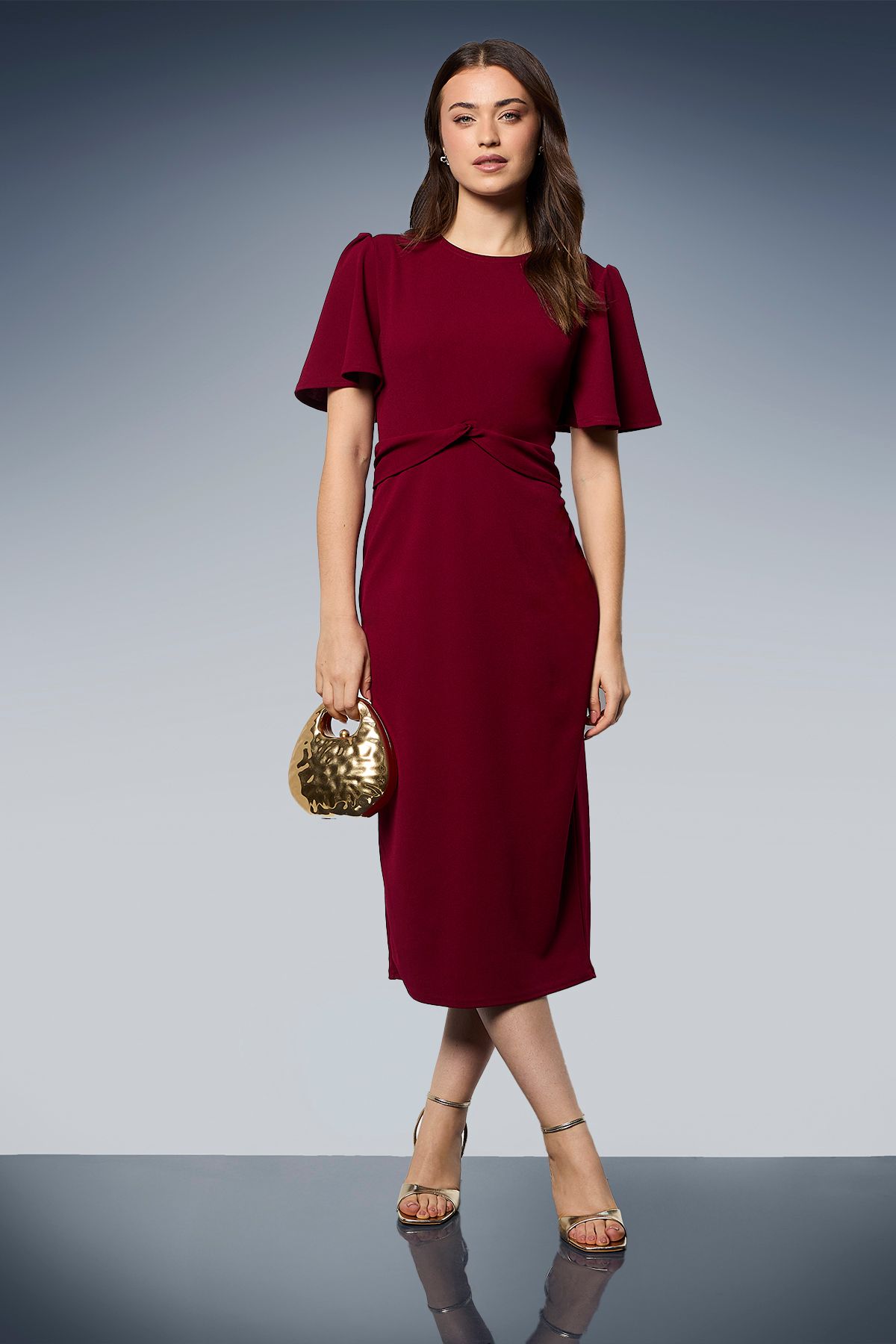 Dorothy Perkins Twist Front Angel Sleeve Pencil Dress Berry image 1