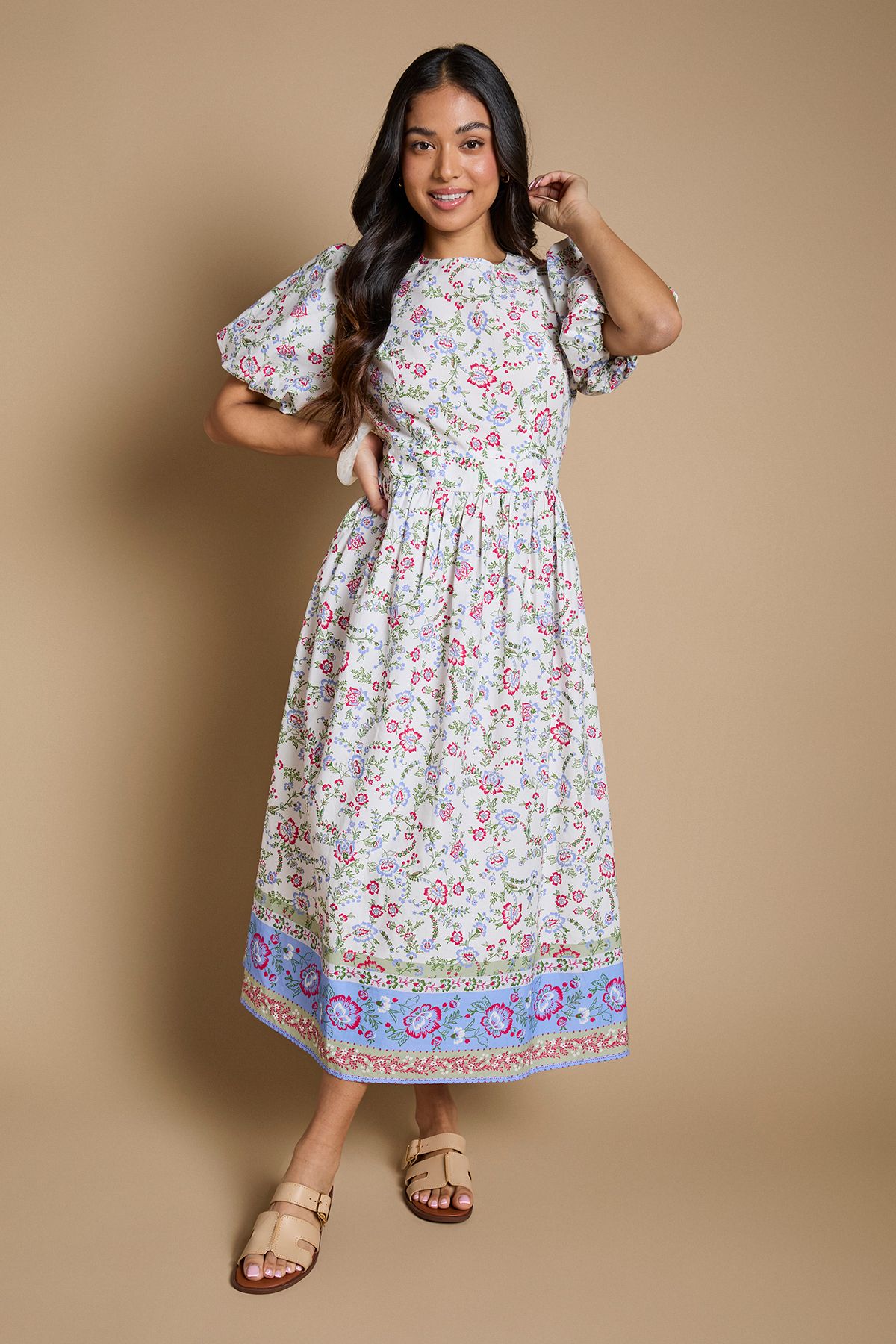 Dorothy Perkins Petite Puff Sleeve Princess Seam Poplin Midi Dress Floral