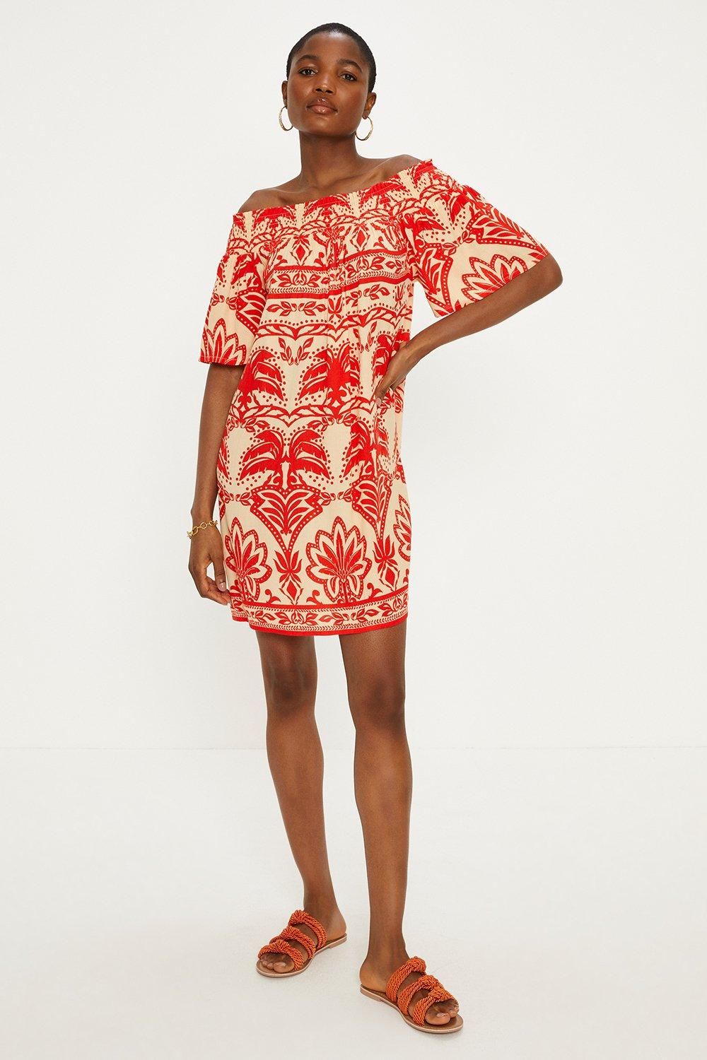 Oasis Paisley Palm Short Sleeve Shirred Bardot Dress Red