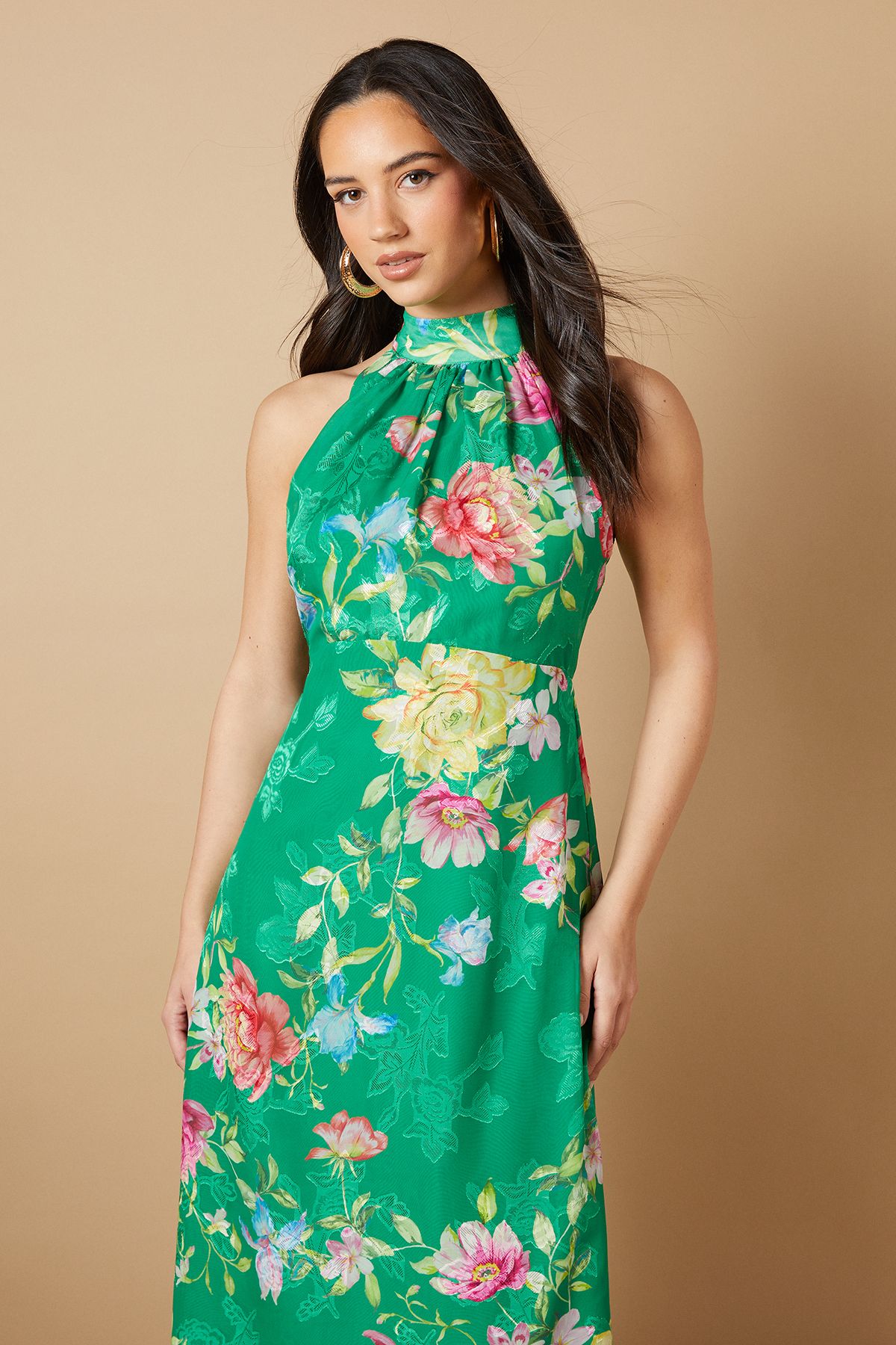 Oasis Floral Satin Burnout Halterneck Midi Dress Green image 2
