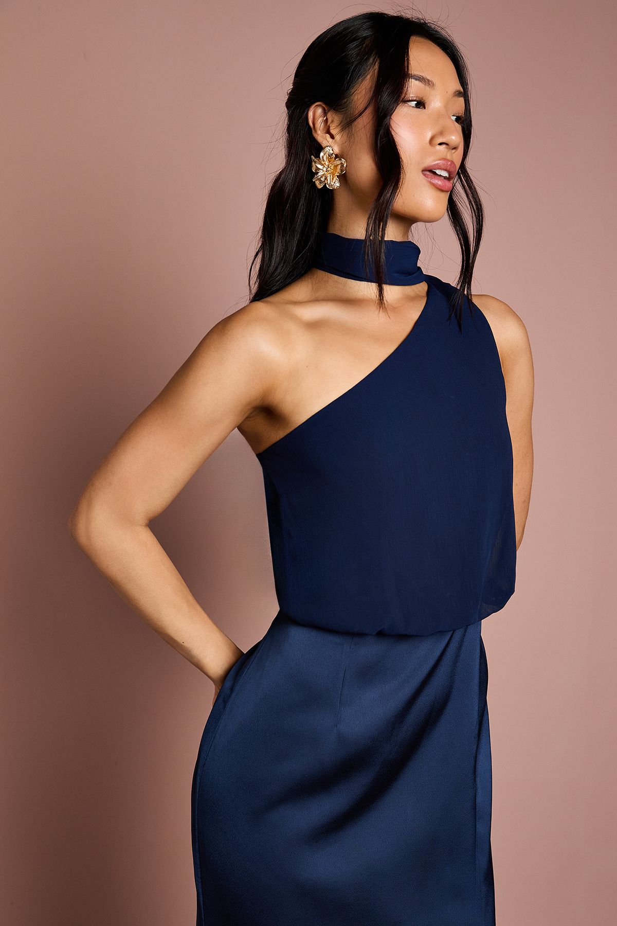 Coast One Shoulder Maxi Bridesmaid Dress with Neck Scarf Navy image 4