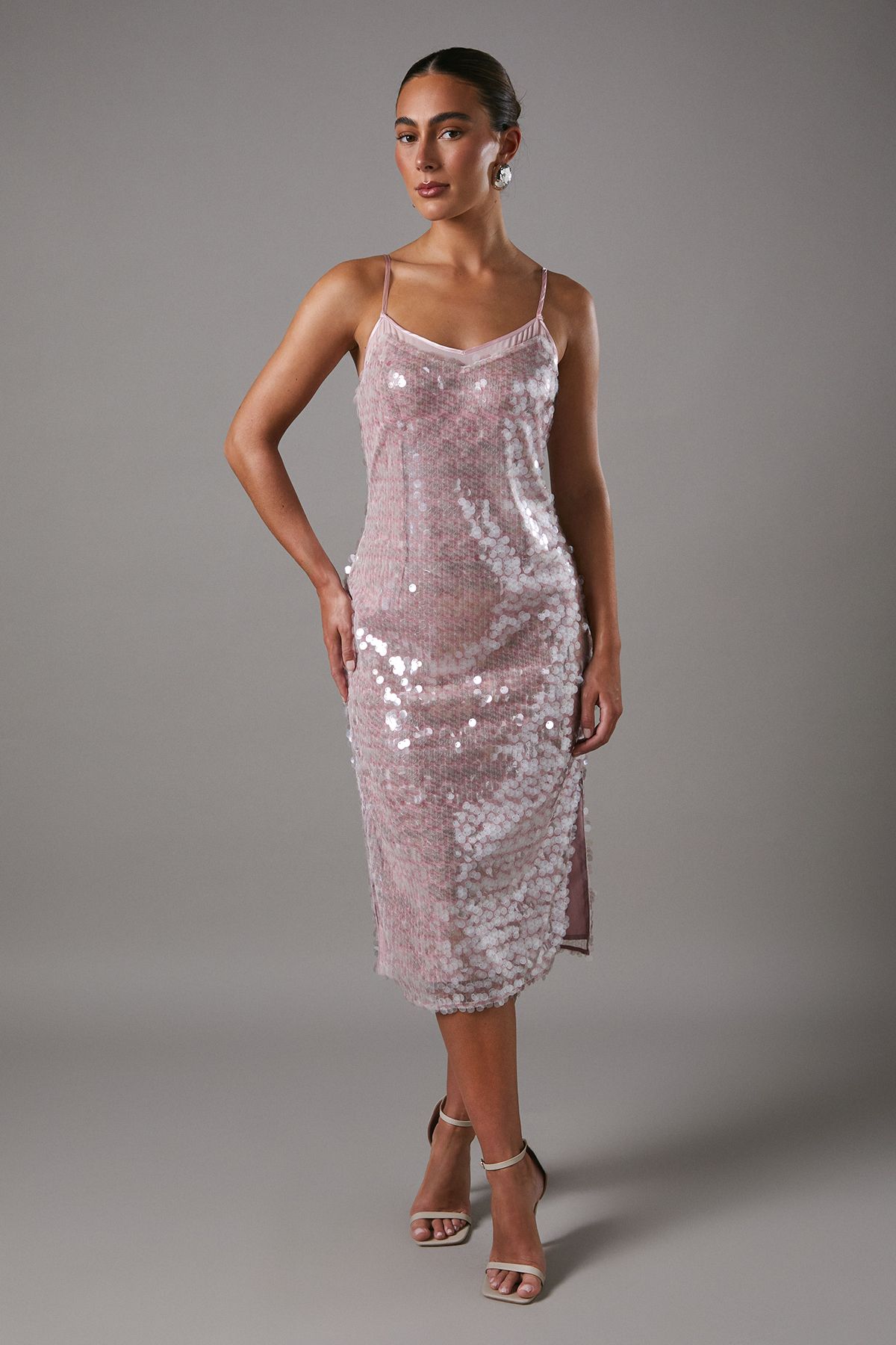 Coast Pink Disc Sequin Fitted Midi Dress Pink image 1