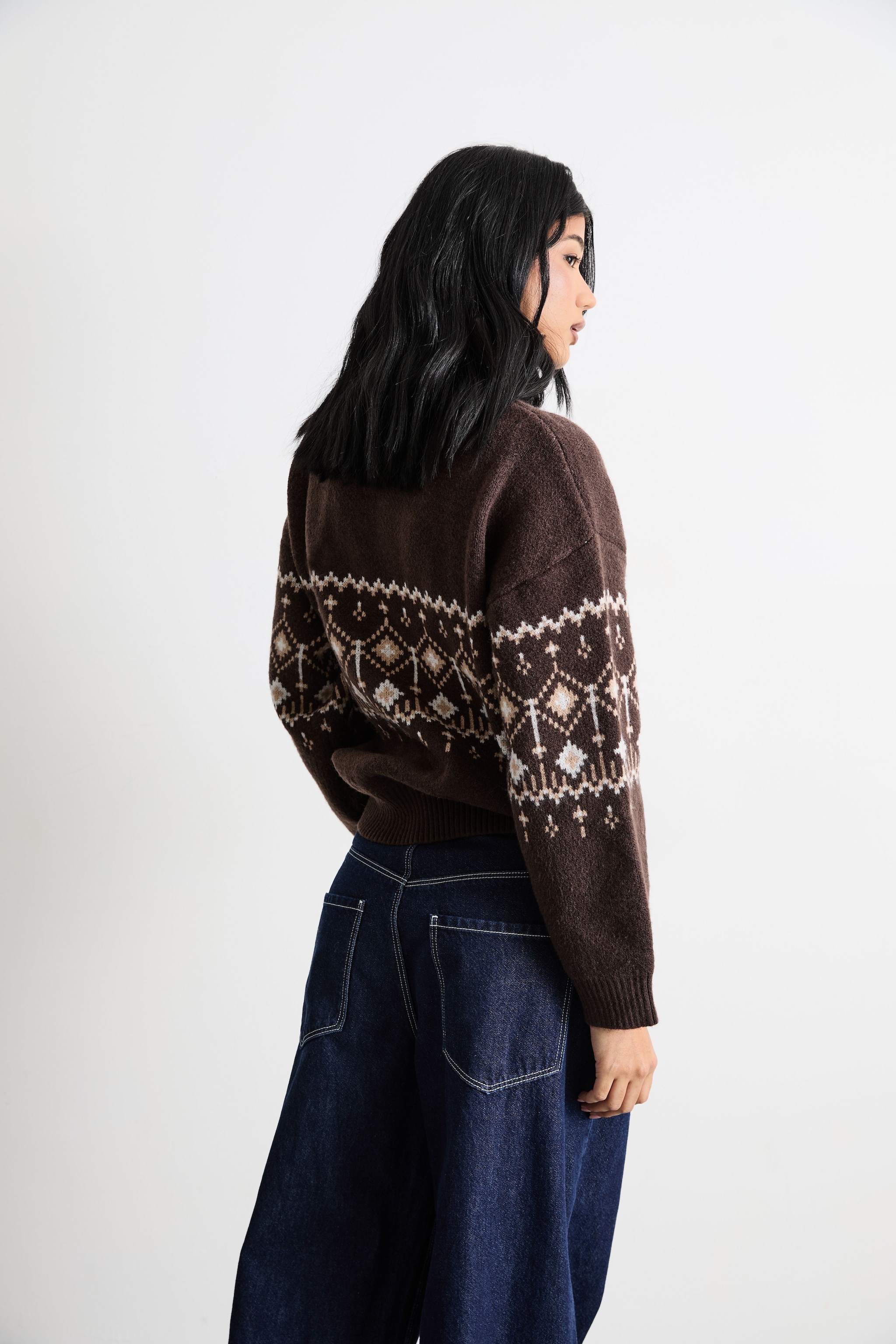 Warehouse Fairisle Half Zip Jumper Chocolate image 3