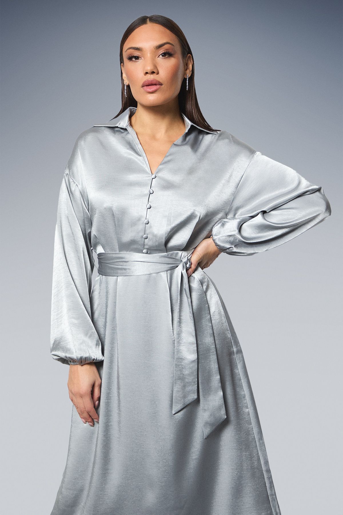 Principles Silver Wrap Tie Waist Satin Shirt Dress Silver image 2