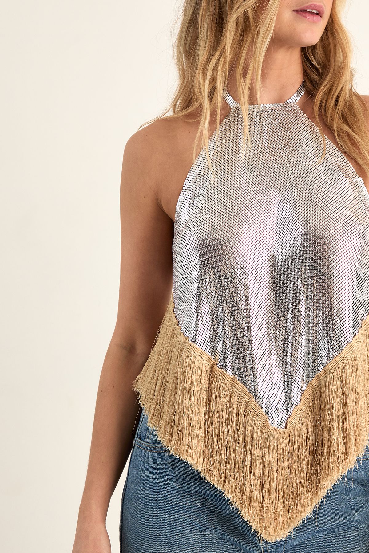 NastyGal Chainmail Fringe Halter Neck Top Silver image 5