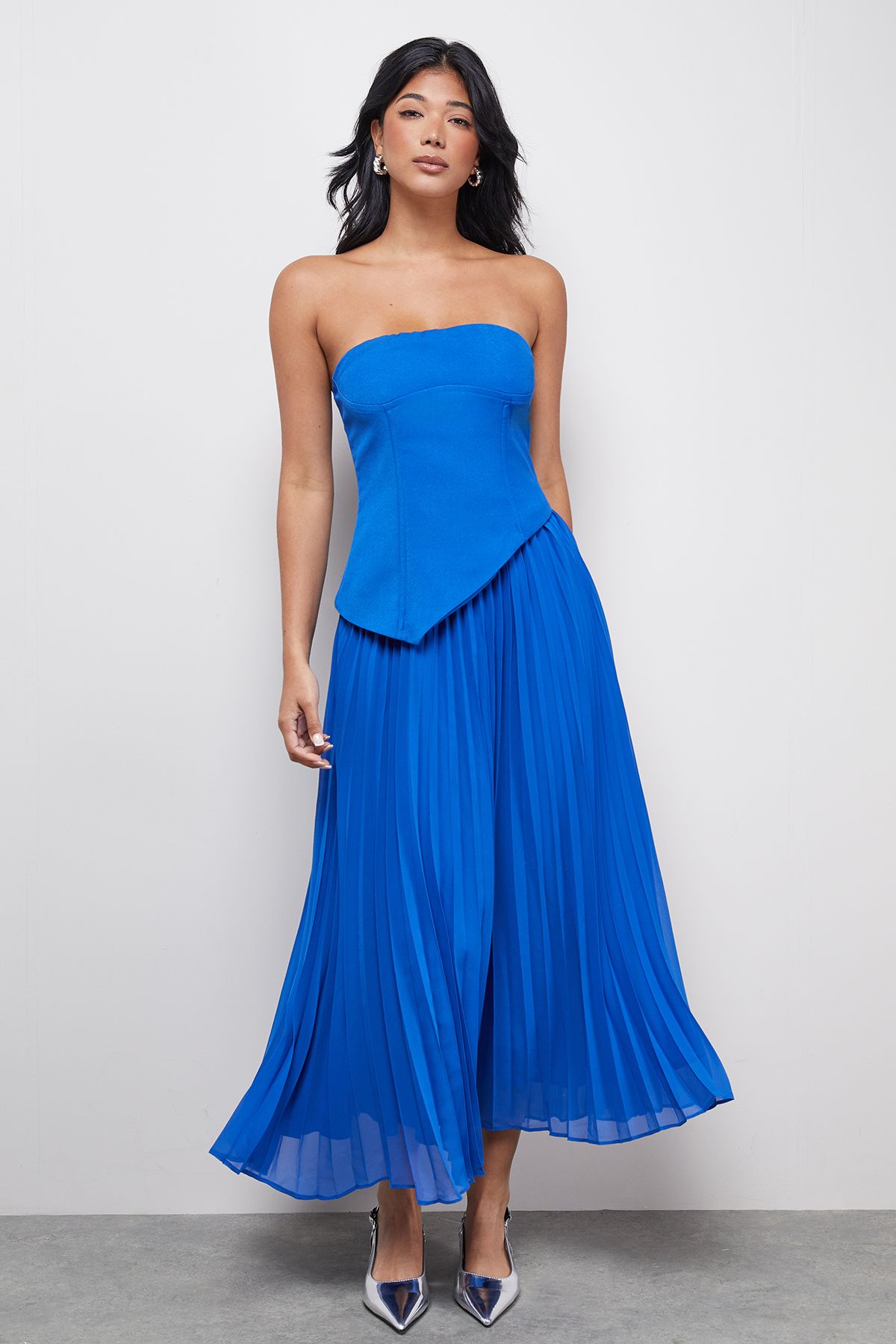 Warehouse Bandeau Bodice Pleated Chiffon Midi Dress Cobalt image 1