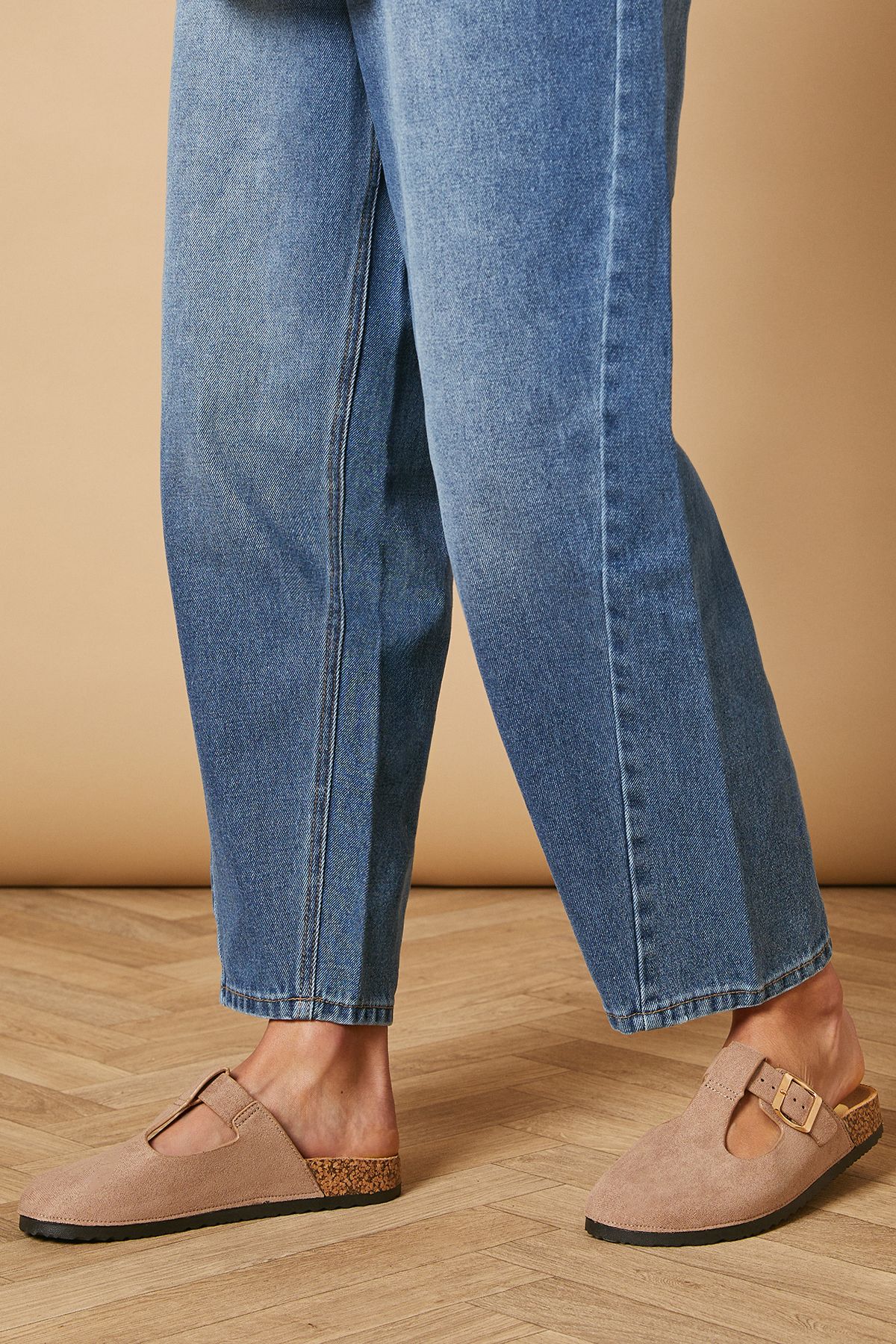 Oasis Emmeline Faux Suede T Bar Mary Jane Closed Toe Footbed Mules Taupe image 3