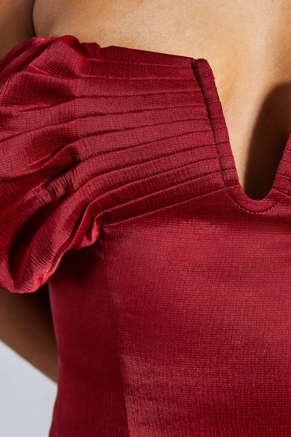 MissPap Textured Satin Pleated Bust Frill Bardot Top Berry image 5