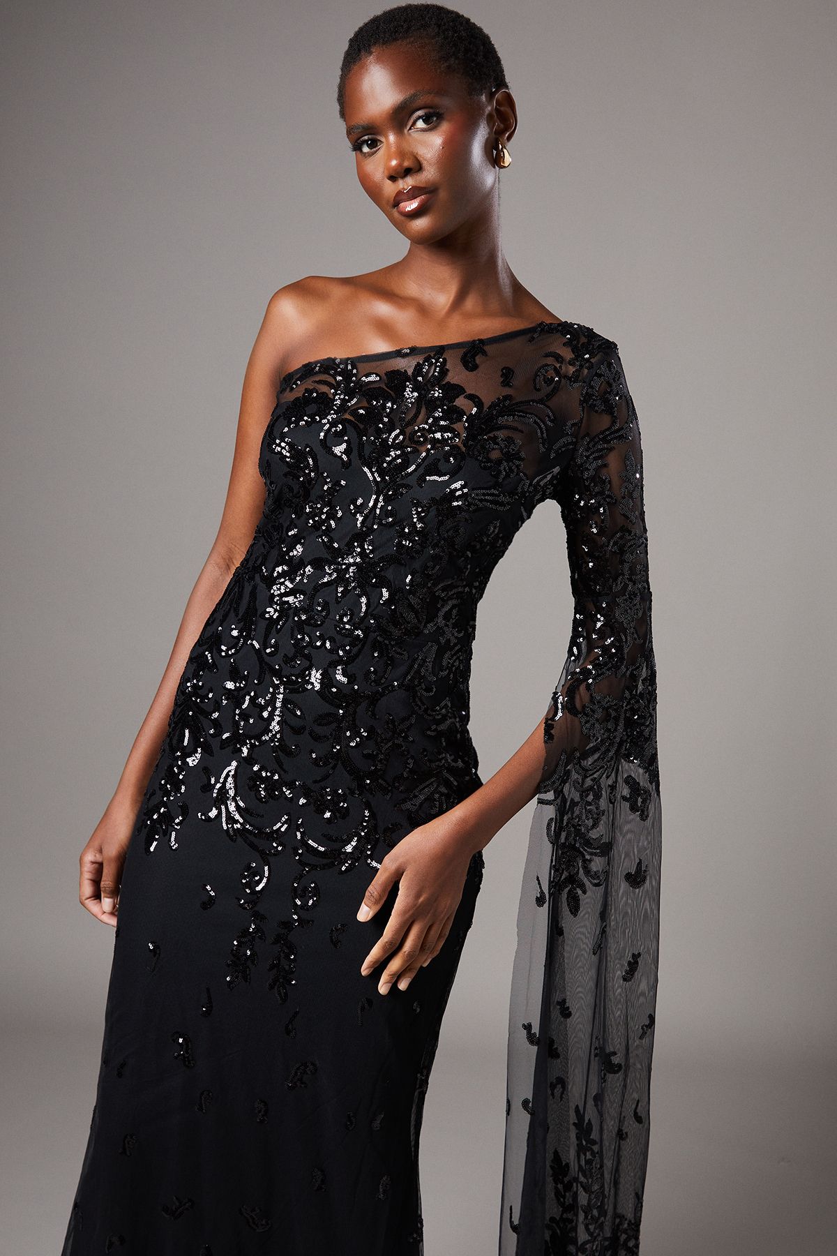 Coast One Shoulder Maxi Dress In Lace With Cape Sleeve Black image 2