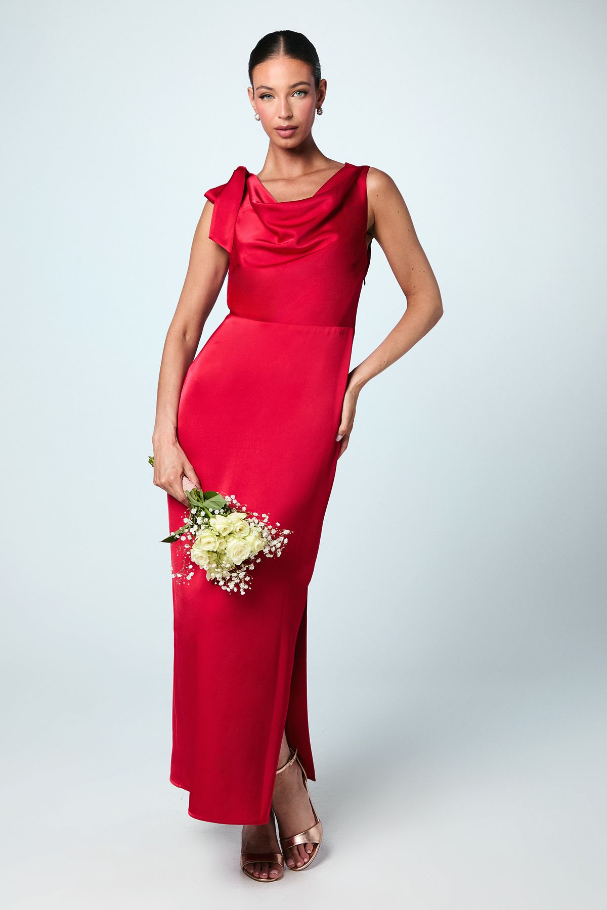 Coast Cowl Detail Tie Shoulder Column Satin Maxi Bridesmaid Dress Red image 1