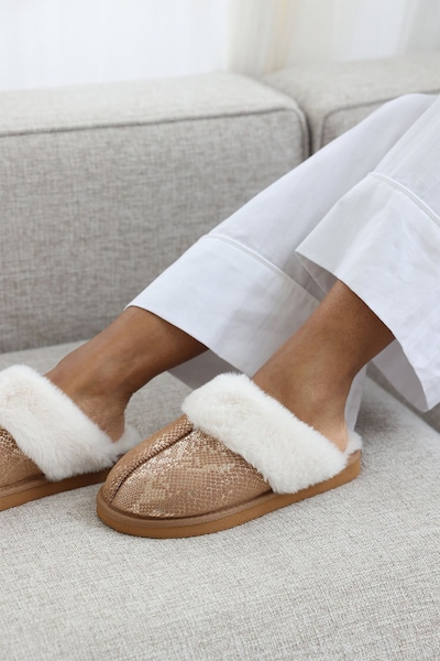 Where's That From 'Cassia' Snake Print Mule Slippers with Faux Fur Trim