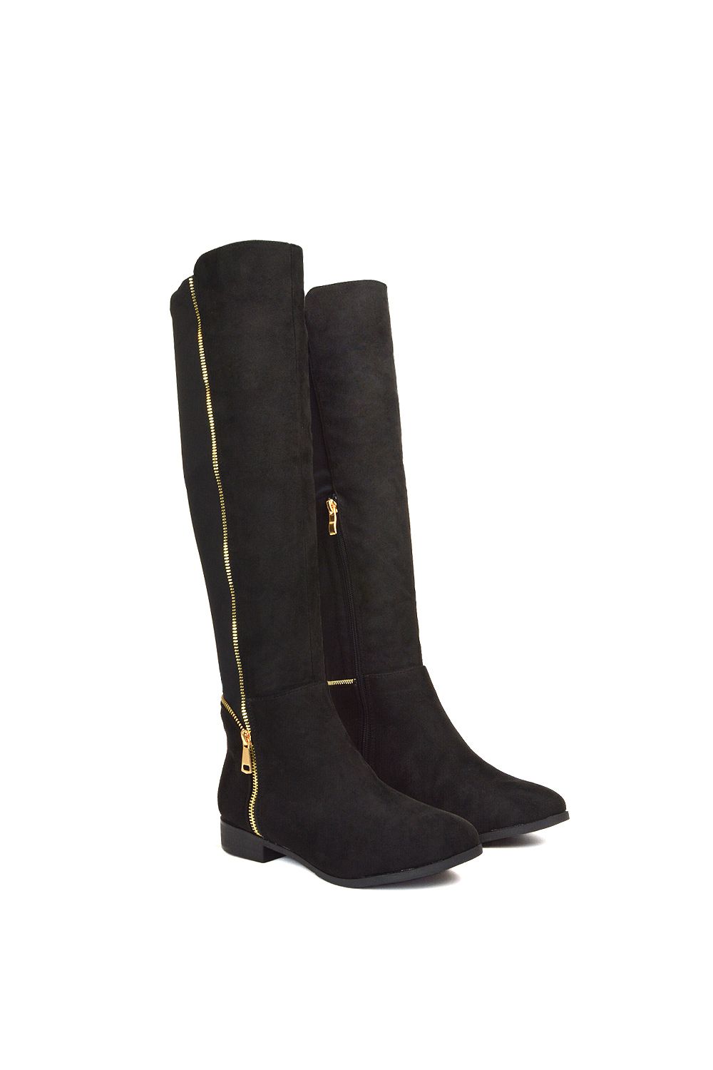 XY London 'Sutton' Zip Up Flat Heel Knee High Boots With Stretchy Calf image 4