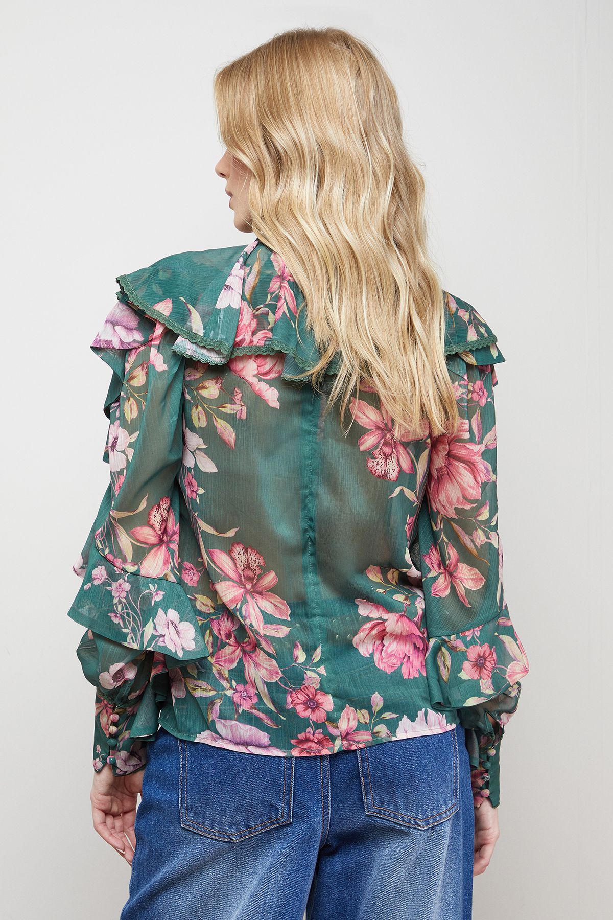 Oasis Printed Frill Yoke High Neck Blouse Multi image 3