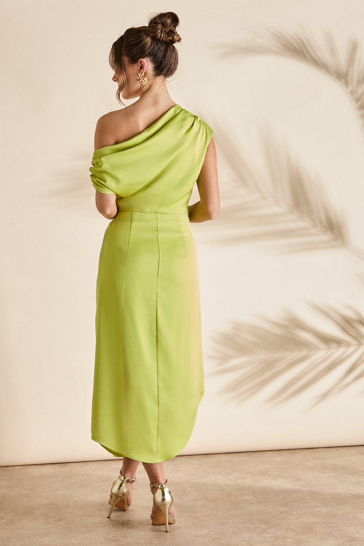 Coast Satin Ruched One Shoulder Asymmetric Hem Midi Dress Olive image 3