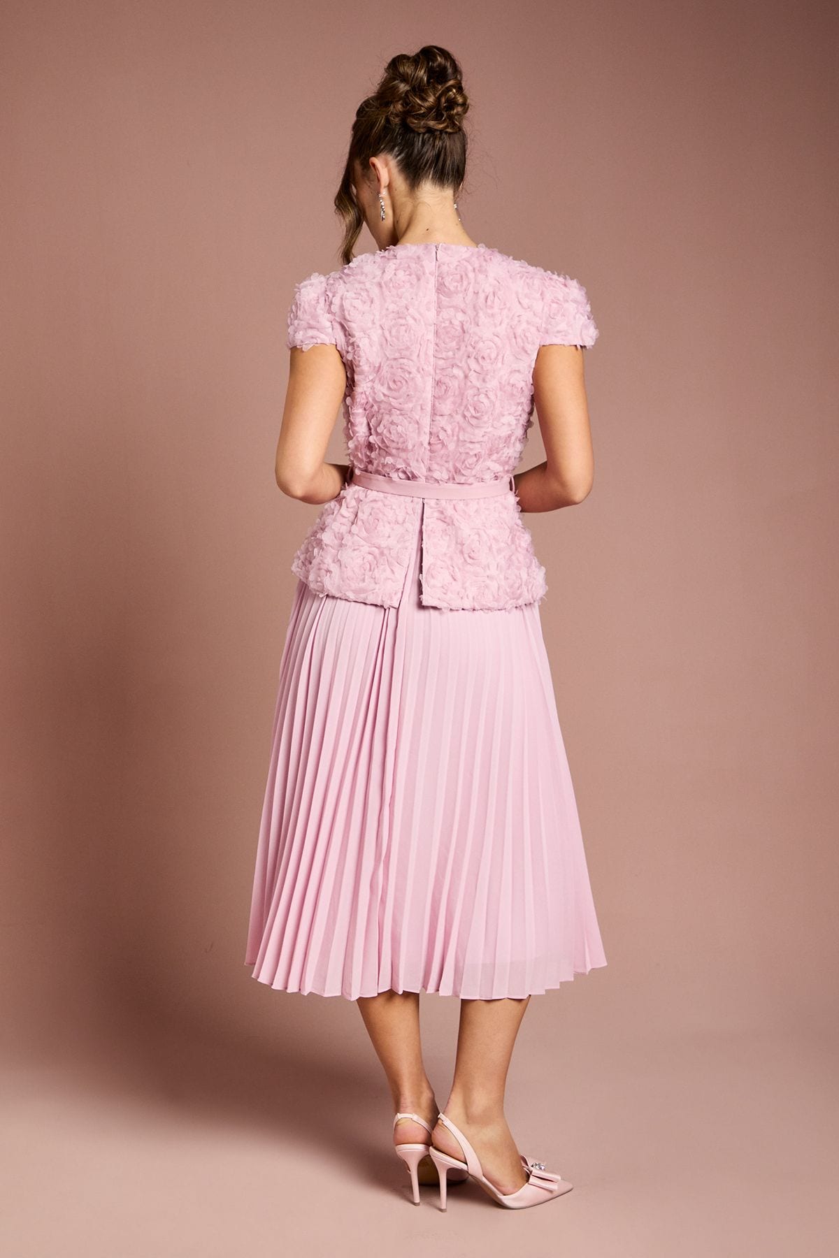 Coast Short Sleeve 3D Flower Belted Midi Dress Pale Pink image 3