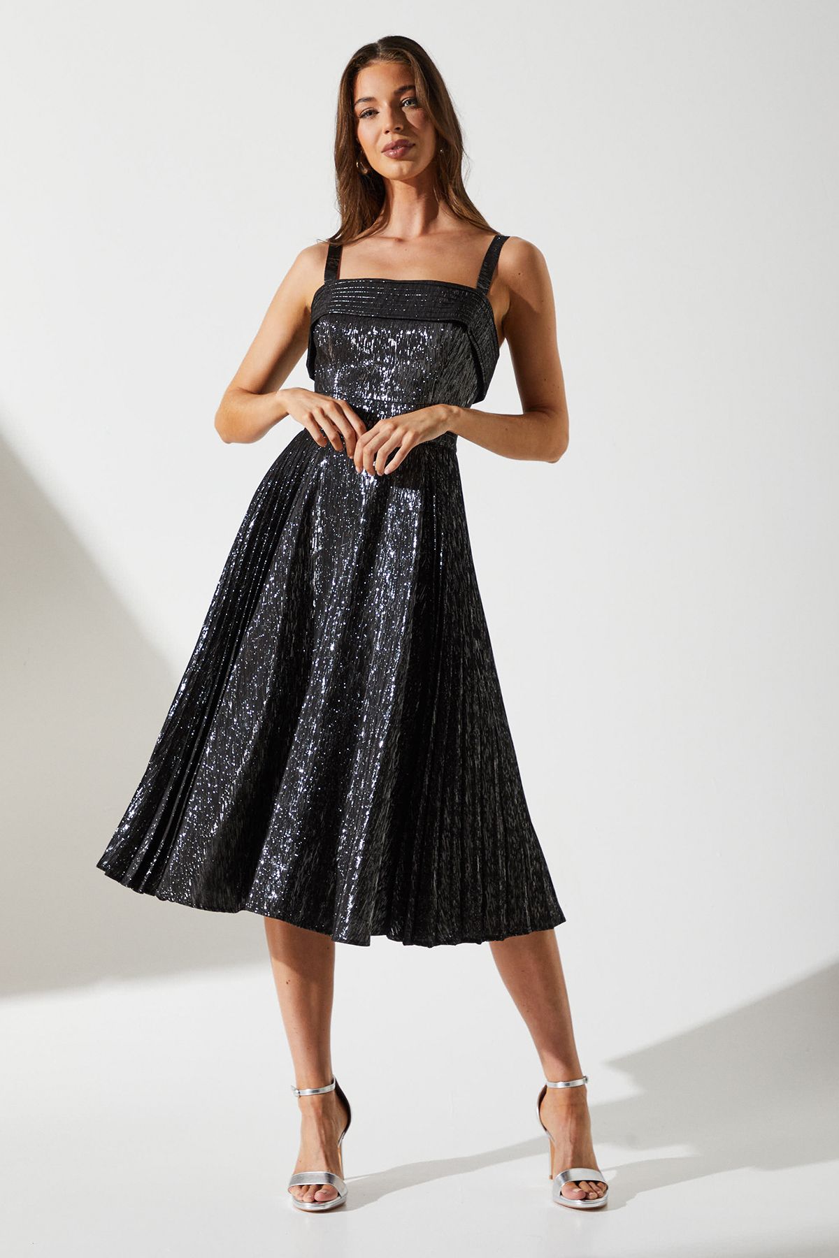 Coast Sparkle Jacquard Midi Wedding Guest Dress Black image 1