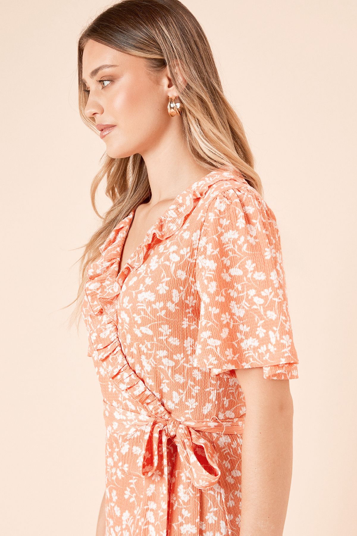 Dorothy Perkins Coral Ditsy Ruffle Neck Angel Sleeve Wrap Jersey Midi Dress Coral image 3