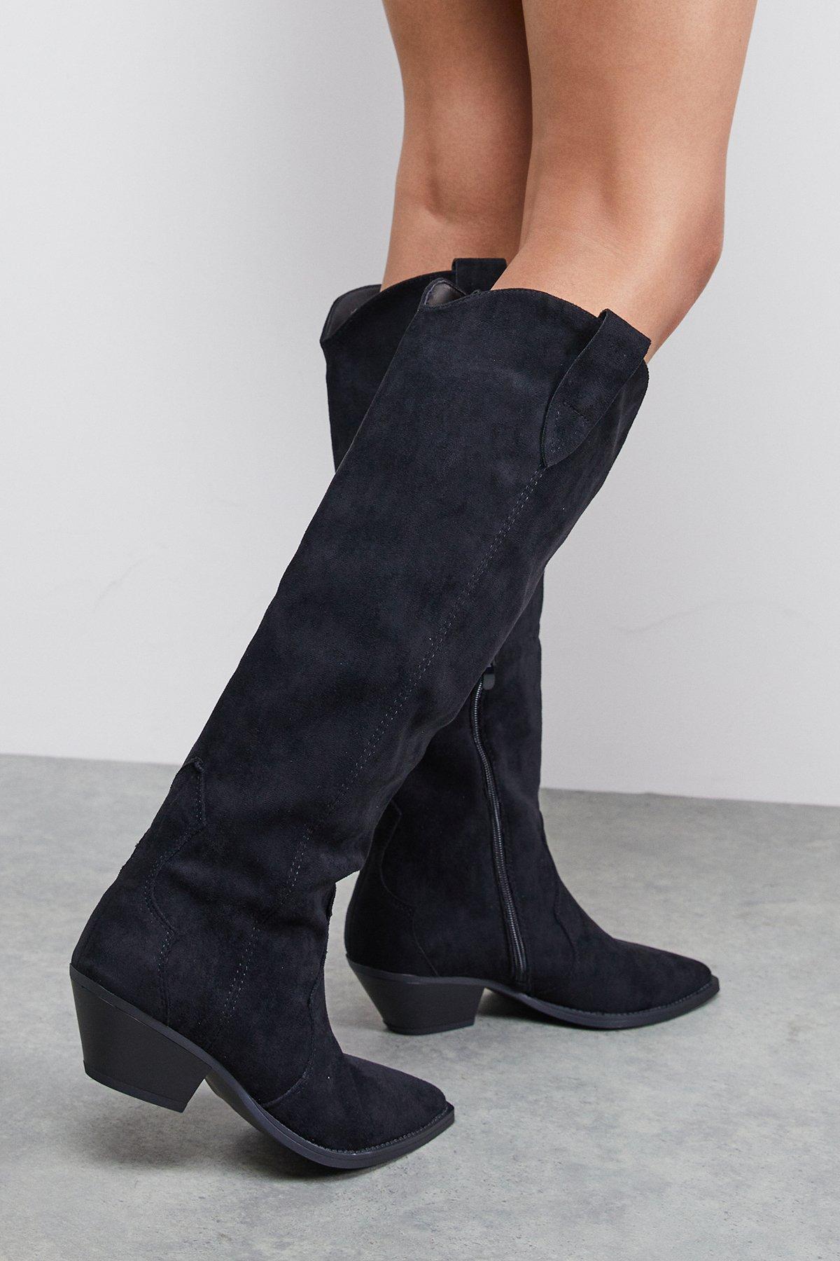 Oasis Faith: Cali Faux Suede Low Heel Western Knee Boots Natural Black image 3