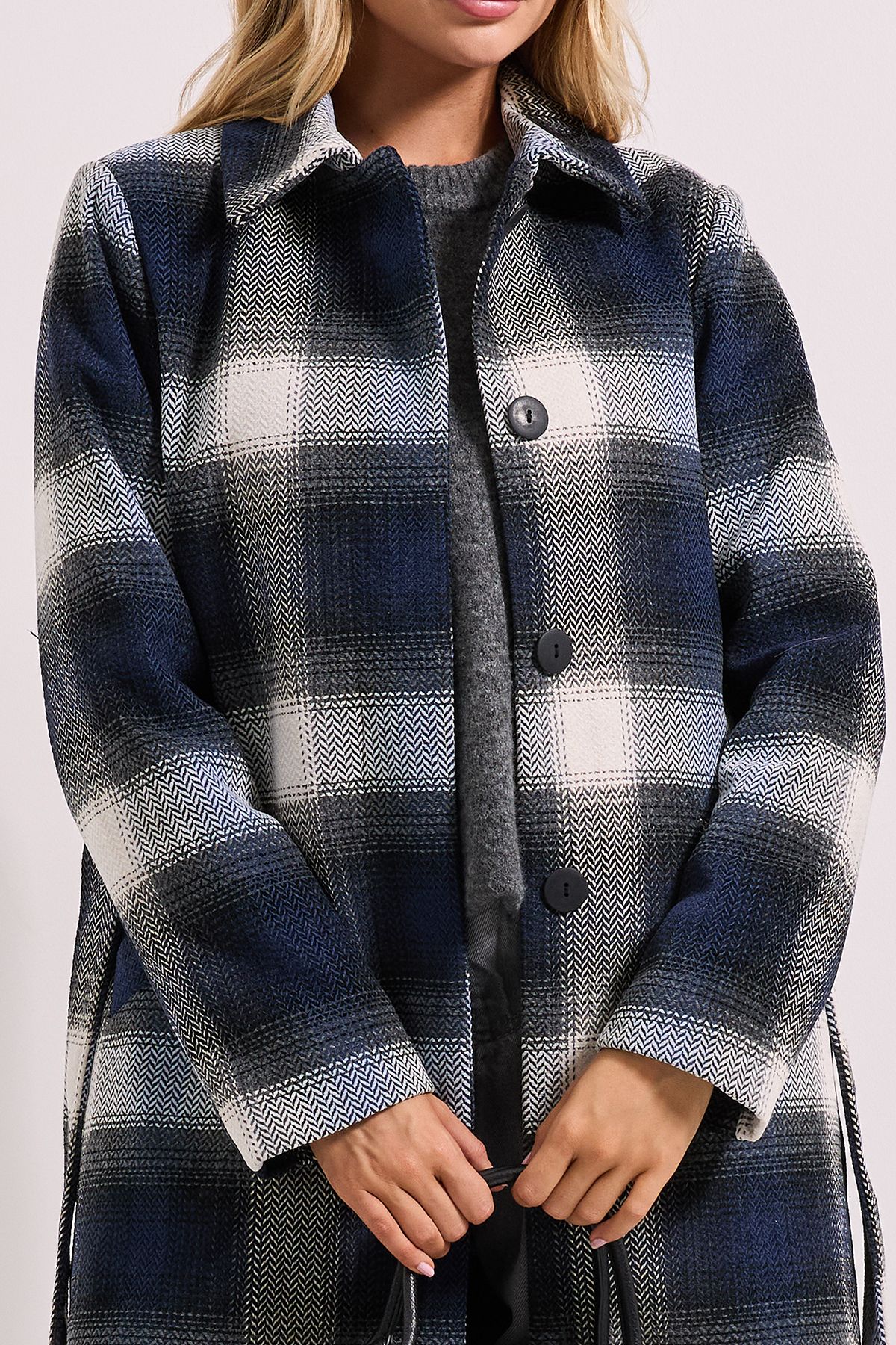 Dorothy Perkins Check Detail Fur Cuff Detail Belted Coat Navy image 4