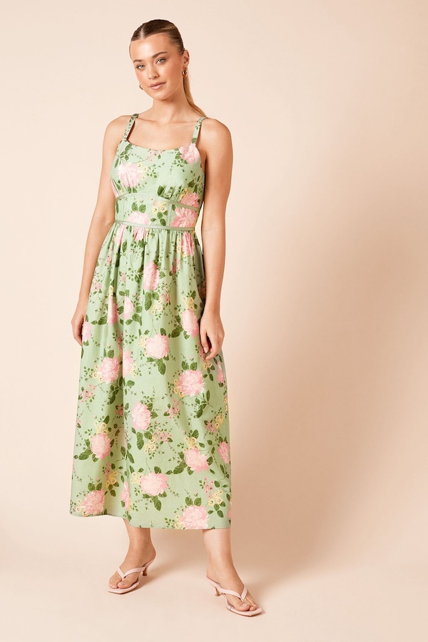 Dorothy Perkins Contrast Binding Detail Printed Poplin Midaxi Dress Green