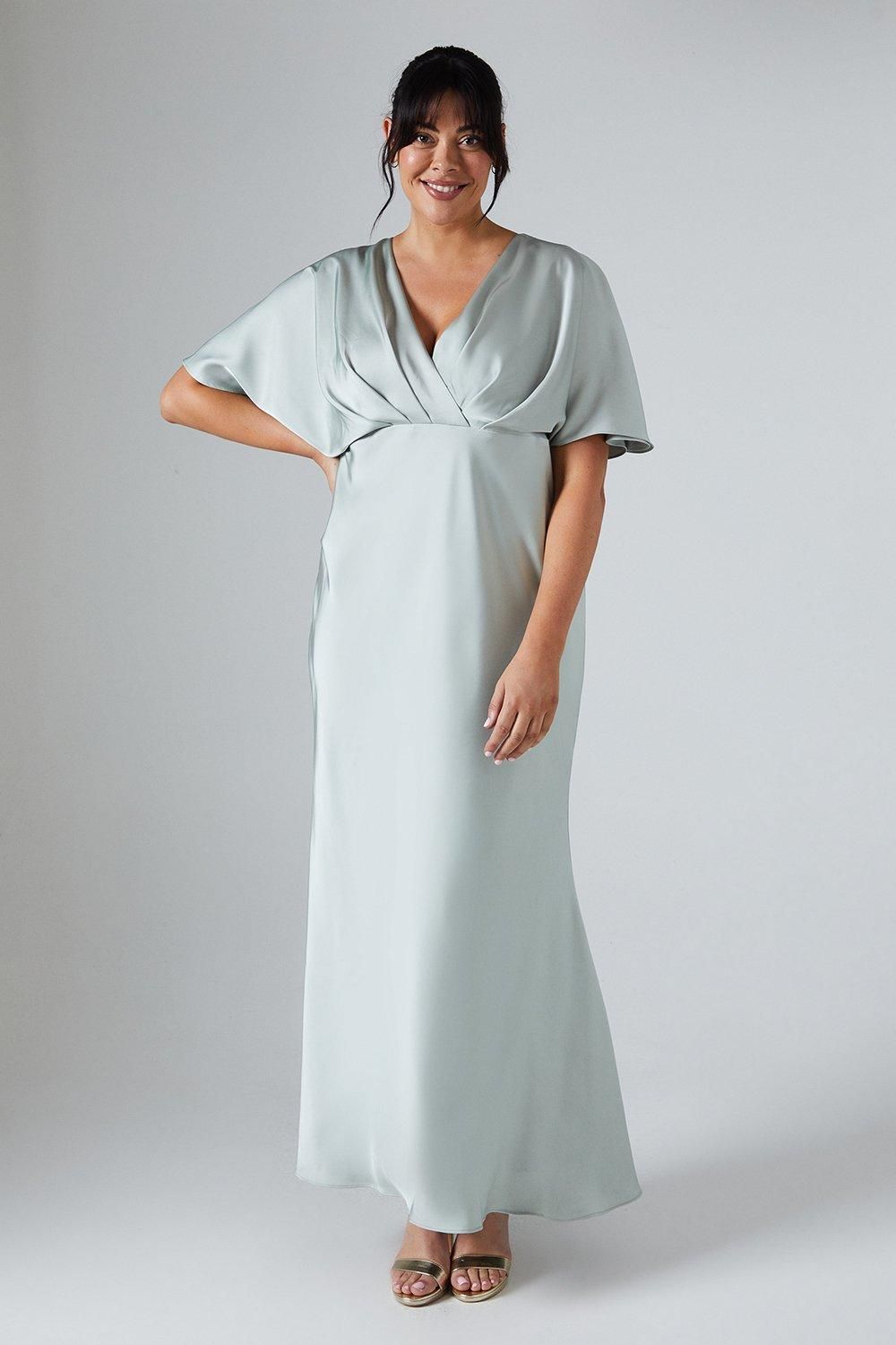 Coast Plus Batwing Sleeve Satin Fishtail Maxi Bridesmaid Dress Sage
