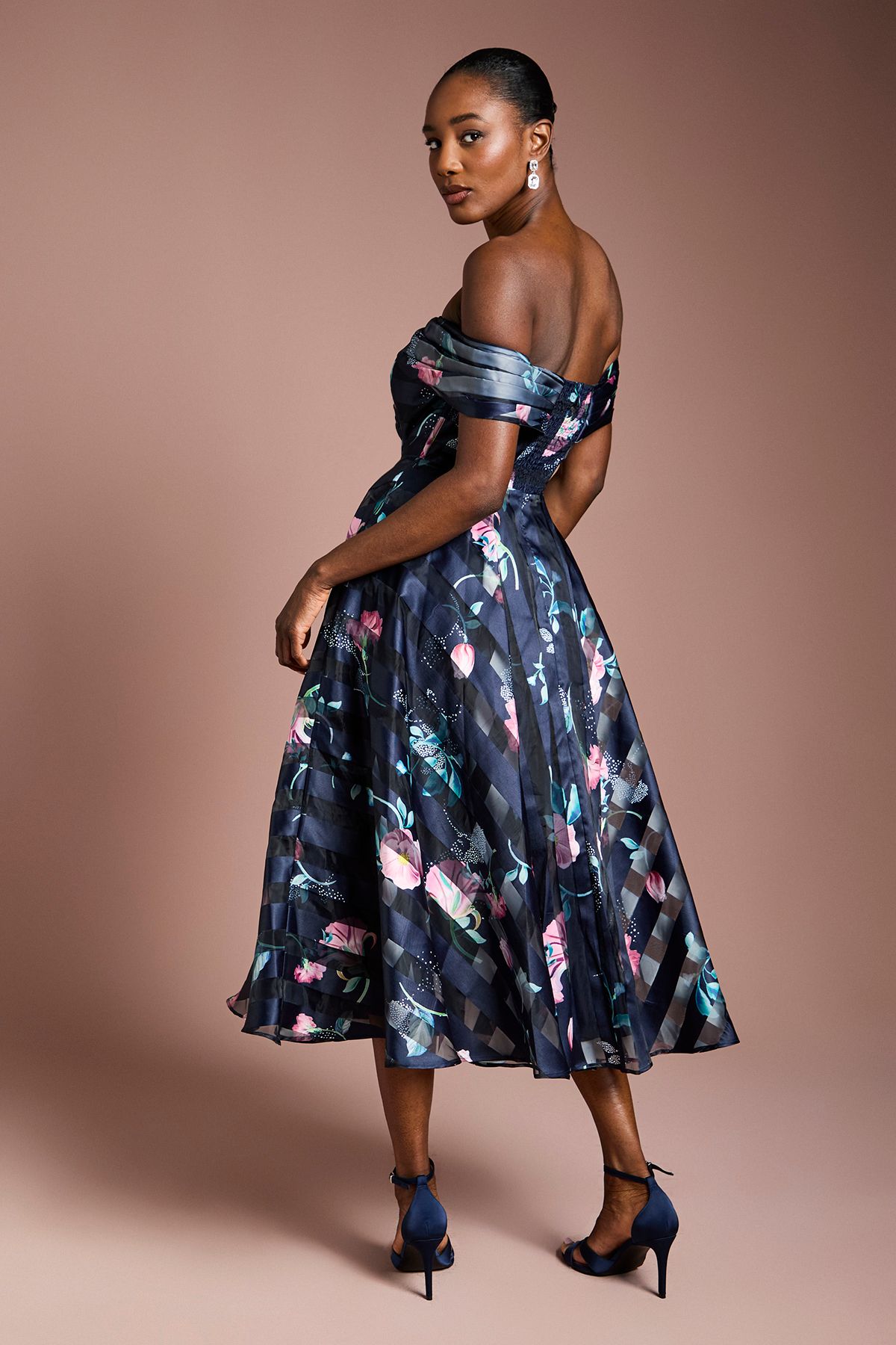 Coast Stripe Organza Pleat Top Midi Dress Navy image 3