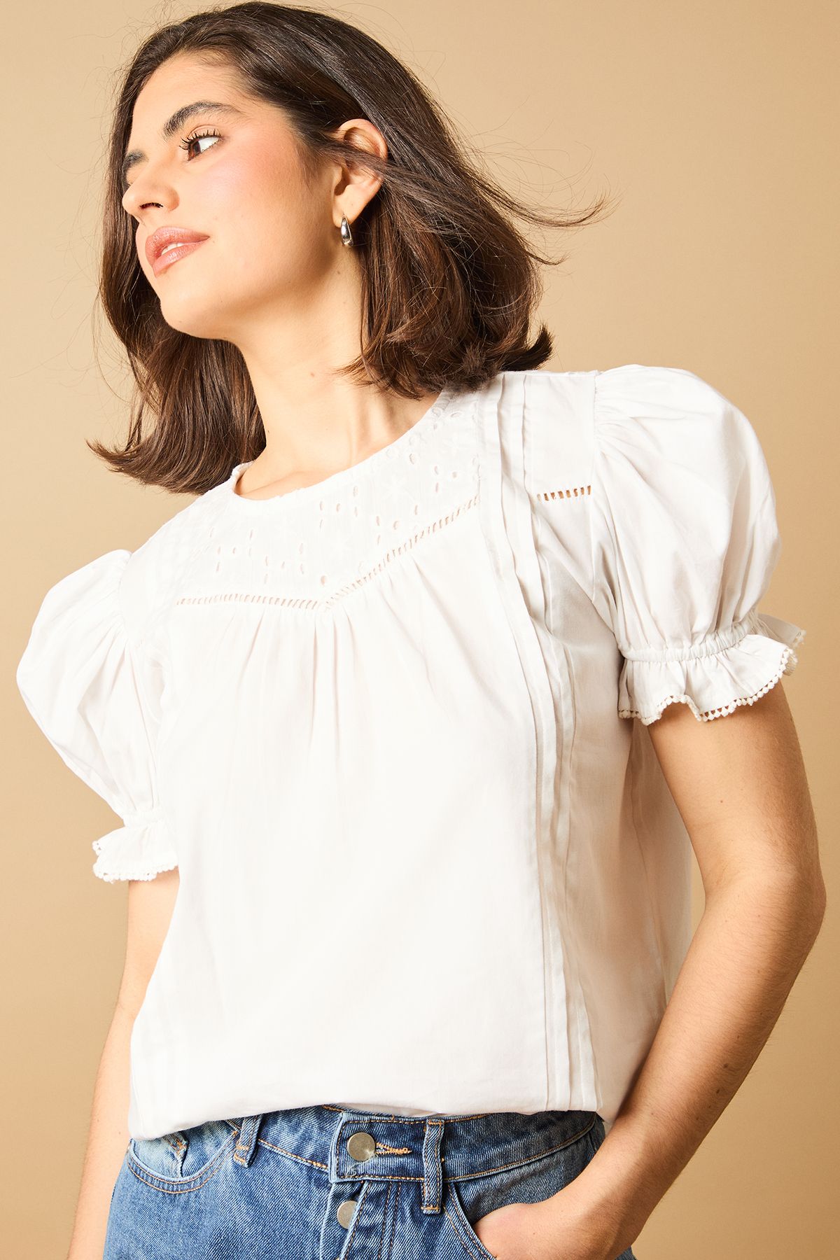 Oasis Broderie Trim Detail Puff Sleeve Blouse White image 3